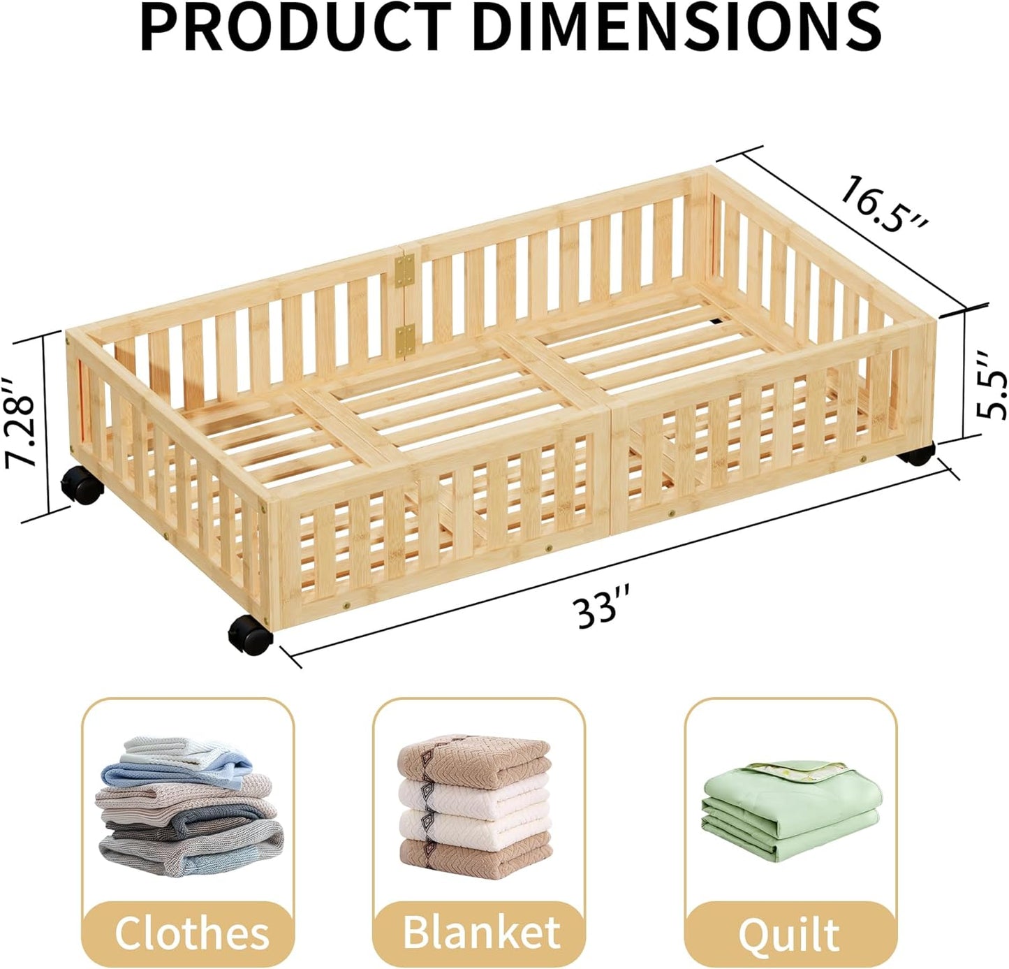 Bamboo Under Bed Storage with Wheels (2-Pack) – Rolling Underbed Shoe Organizer Box for Shoes, Blankets, Toys, Clothes Container Space-Saving Organizer Bins for Bedroom, Closet, Dorm, Nursery