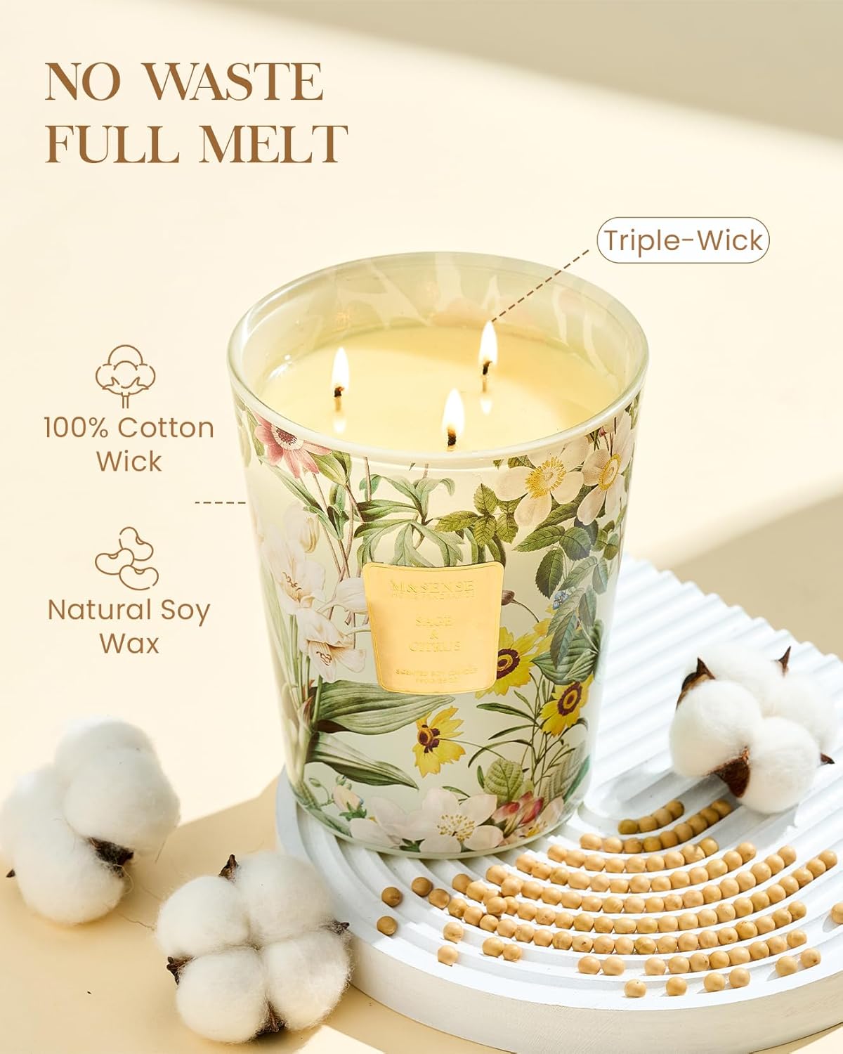 M&SENSE Extra Large Candle Sage Citrus Scented, 3-Wick 35oz 150H Long Lasting, Natural Soy Wax Aromatherapy Candle for Stress Relief, Home Fragrance Housewarming Gifts Candle for Home Decor