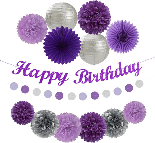 Purple Silver Birthday Party-Decorations Paper-Flowers - 14pcs Happy Banner Lavender Lanterns Tissue Pom Poms,Lilac Streamers Garland Fans,Women Girls Adult Kids Office Hanging Supplies Decor Hugfond