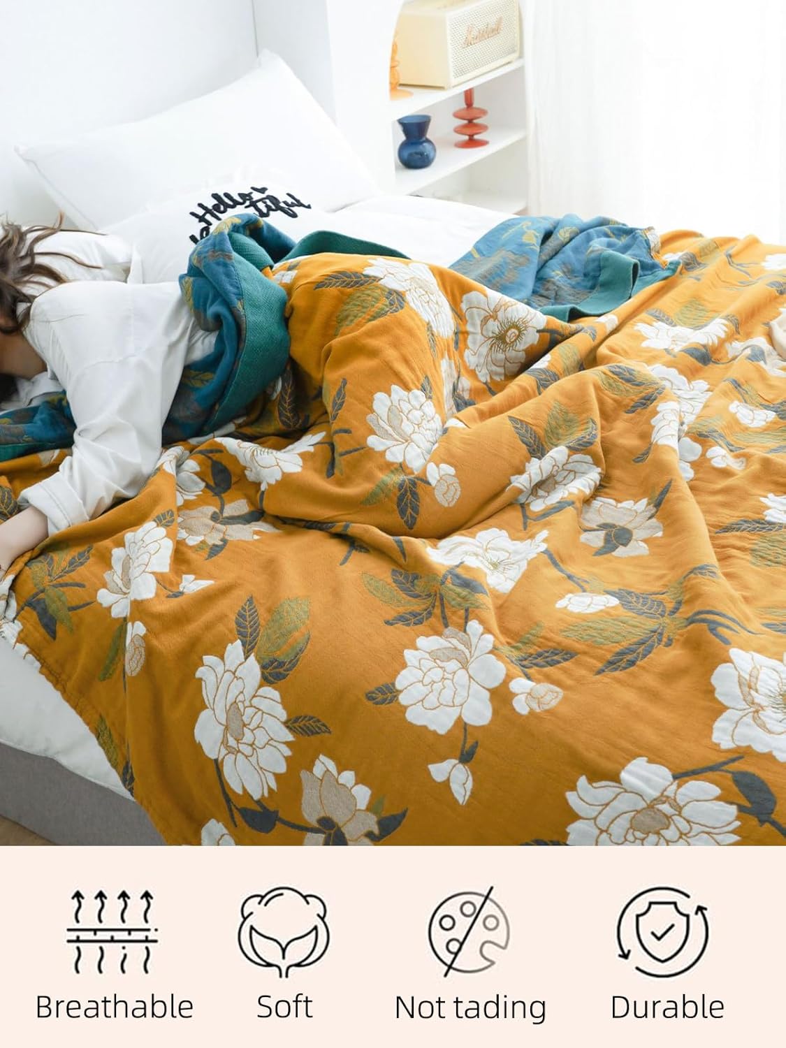 Boho Throw Blanket for Bed - 100% Pure Cotton Ultra Soft Rustic Quilt - Farmhouse Decor Bed Blankets, All Season Rustic Throw for Sofa Couch Chair(91''x 98'', Flower Branch 2)