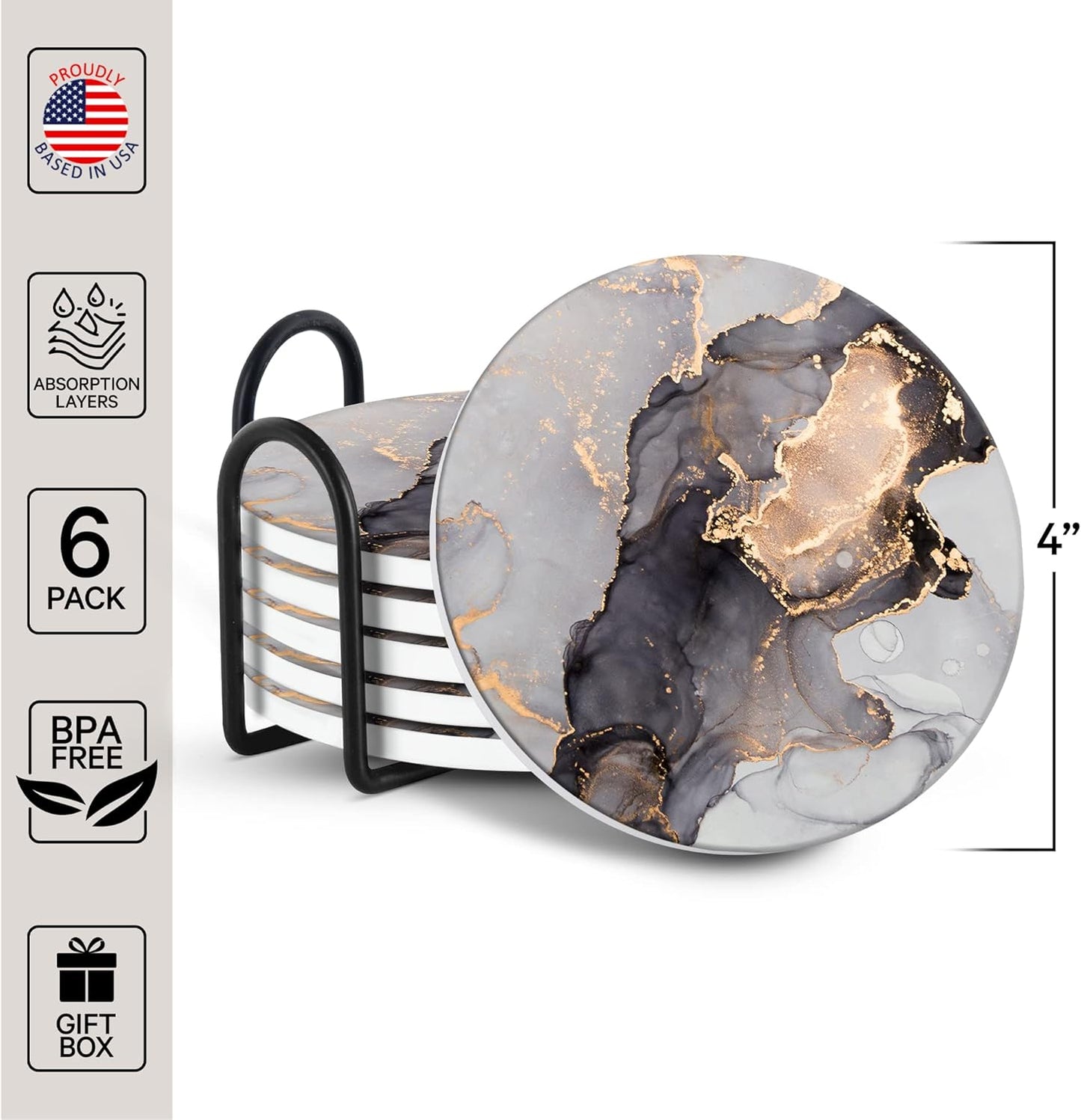 Emerson Coasters for Drinks Absorbent – Saucers Coffee Table Set of 6 with Holder, 100% Ceramic Wooden Tabletop Protection Marble Style, Non-Slip & Cork Bottom - Heavy Duty Drink Coasters (Crown)