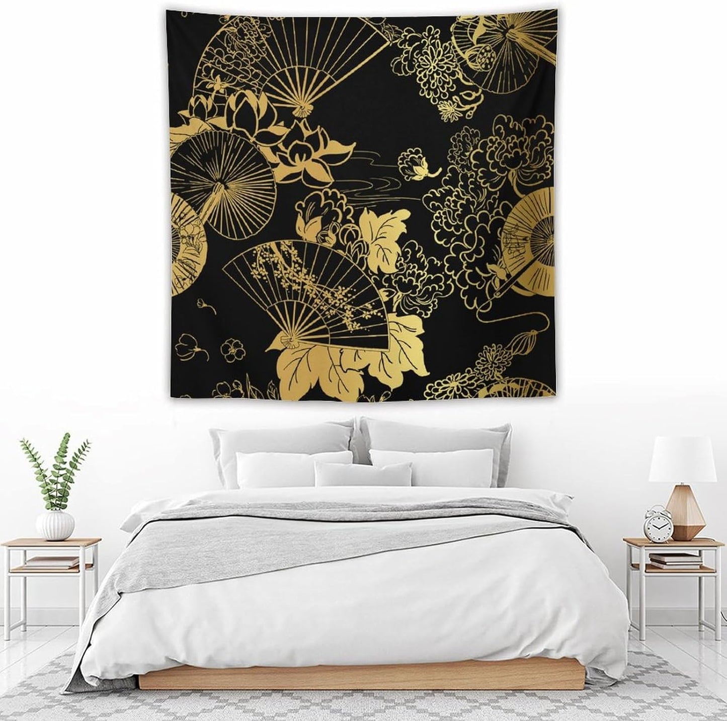 HZOHNAGO Japanese Tapestry Gold Flowers Umbrella Fan Pattern Printed Wall Tapestry Painting Wall Hanging for Bedroom Living Room Dorm 60" W x 60" H