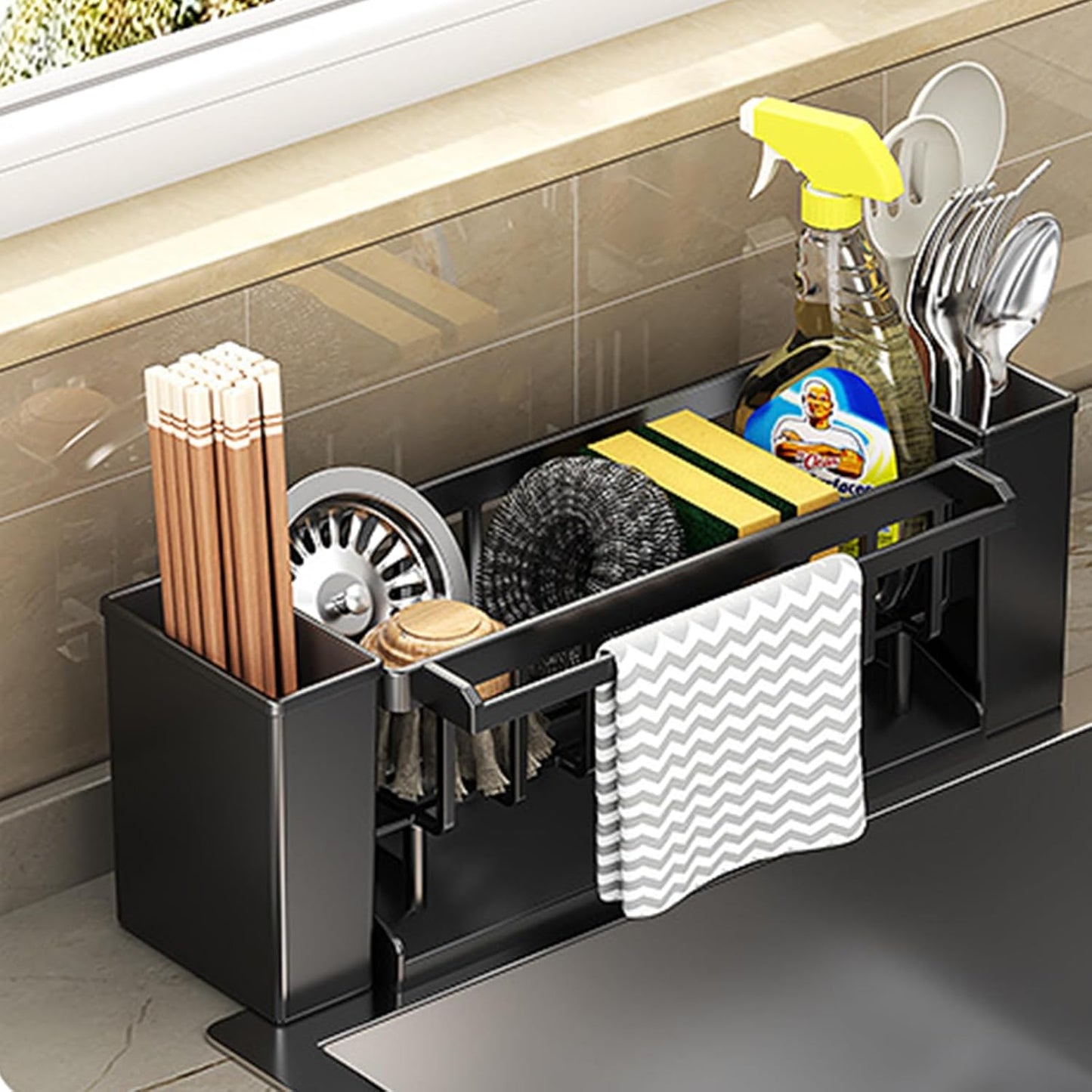 Utensil Holder, 3 Compartments Utensil Drying Rack, Dish Drainer for Kitchen Counter,Kitchen Utensils Holder with Towel Bar,Self-Draining Tray Design(Black)