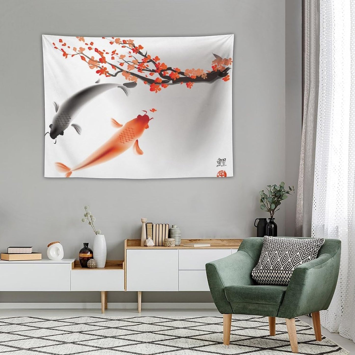 Japanese Koi Fish Tapestry, Cherry Blossoms Asian Oriental Flower Branch Koi Fish Carp Tapestries Wall Hanging for Bedroom Living Room Office Decor 40"x30"