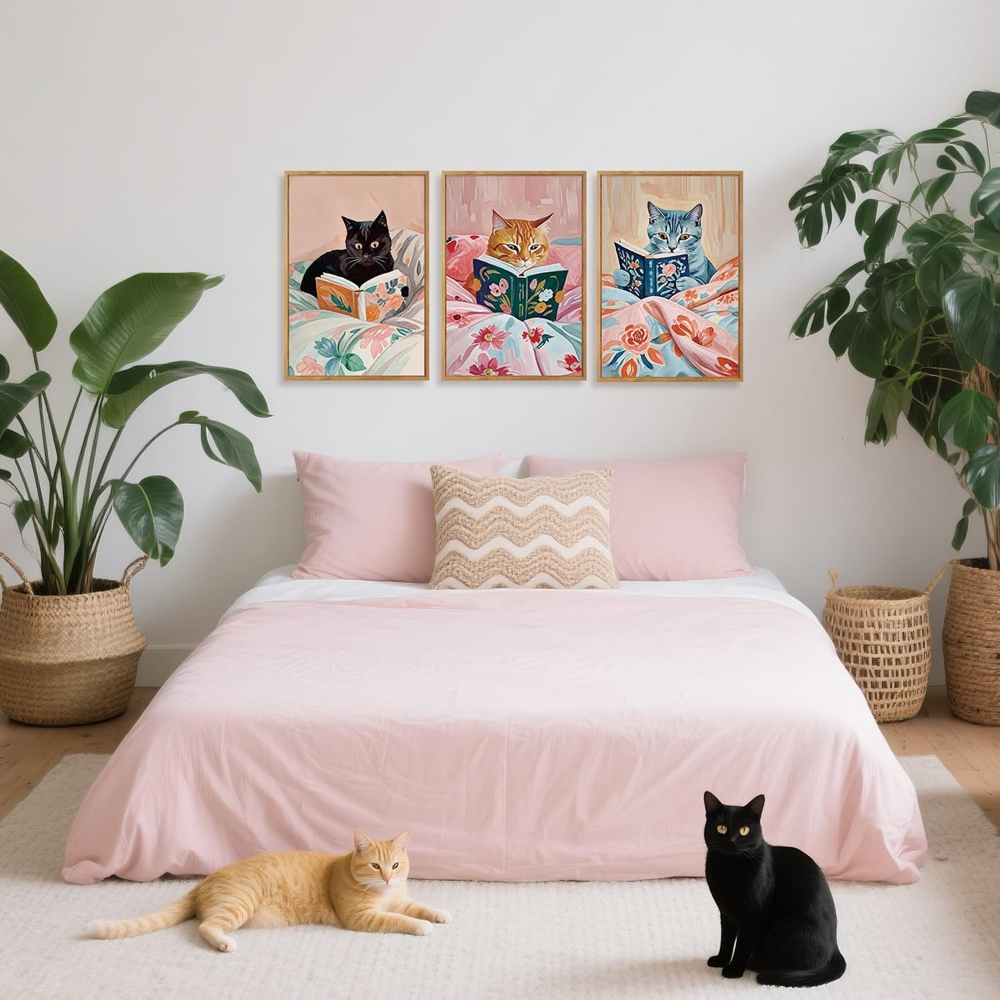 HPNIUB Framed Vintage Black Cats Canvas Wall Art, Funny Animal Reading Books Poster Printing Pictures, Pink Cute Cat Lovers Wall Decor for Girls Room Bedroom Kids Room Living Room Classroom- 24 x36 x3