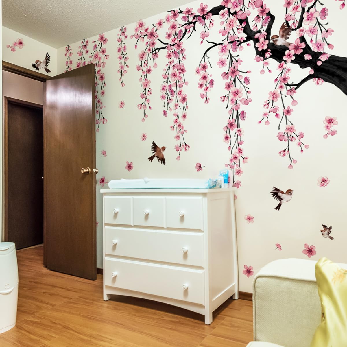 Runtoo Large Cherry Blossom Tree Wall Decals Peel and Stick Pink Floral Wall Art Stickers for Living Room Bedroom Nursery Flower Decor