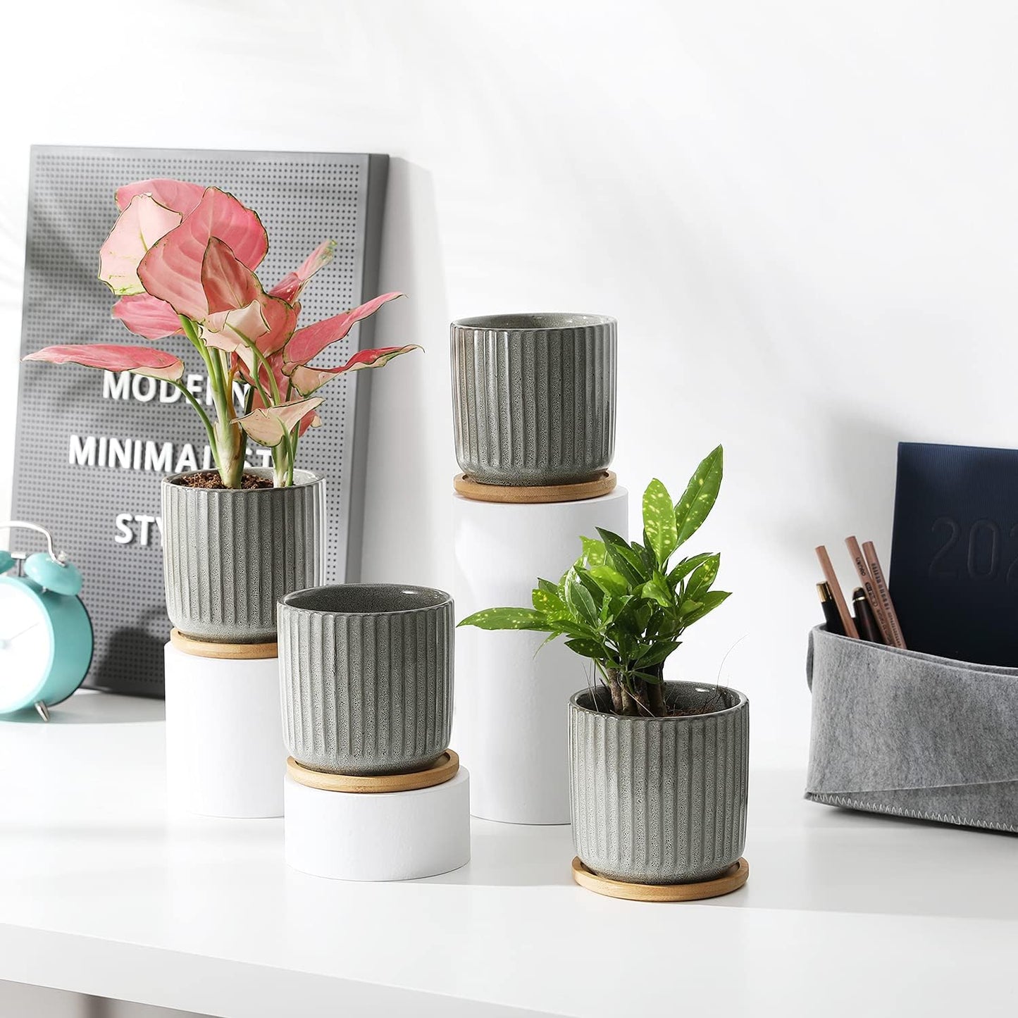 TAMAYKIM 4 Inch Cylinder Ceramic Plant Pots with Drainage Holes & Saucers, Glazed Green Grey Small Boho Planters with Trays for Indoor Flower, Snake Plants, Succulent, Cactus, Set of 4