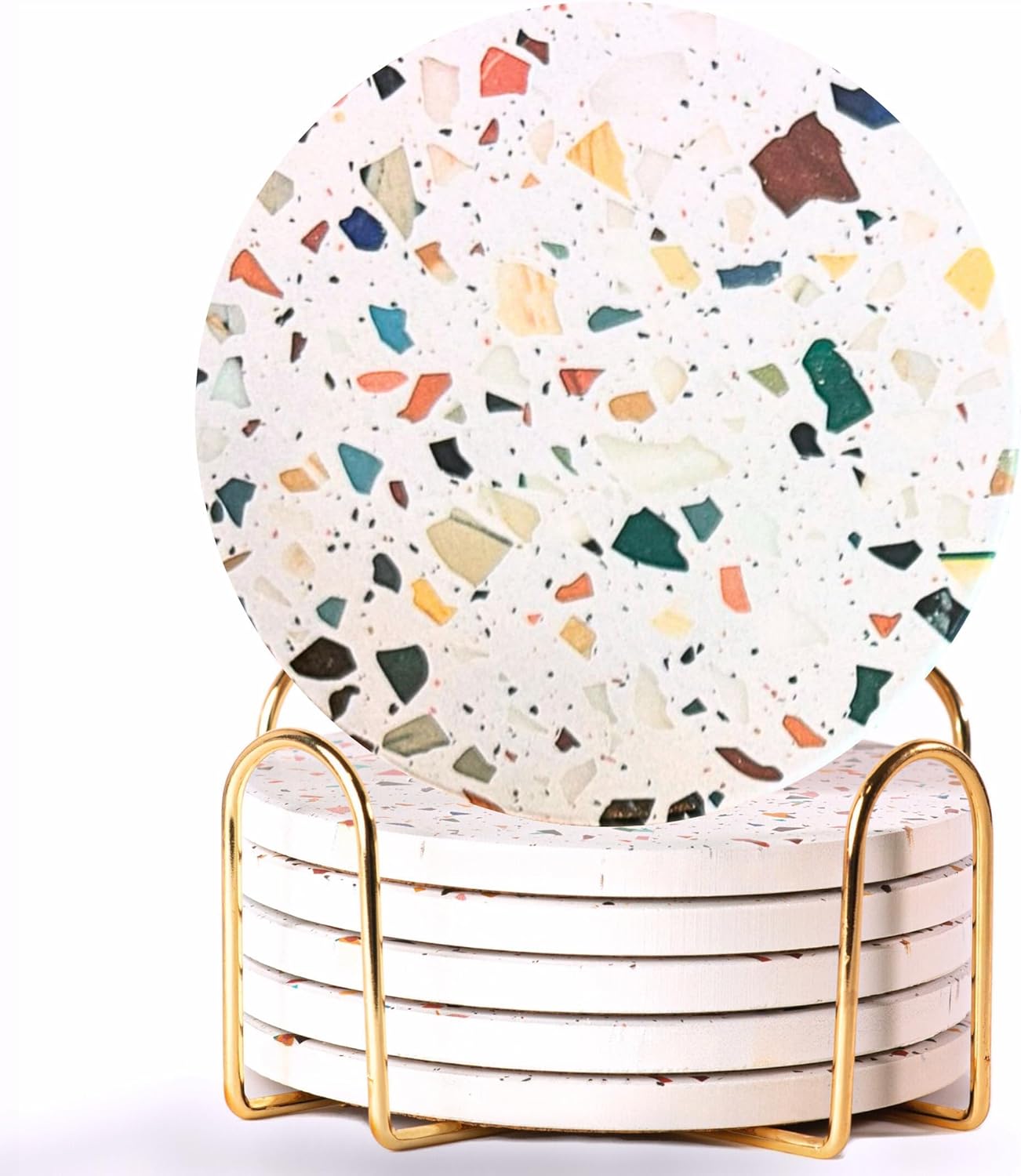 Terrazzo Drink Absorbent Coasters with Holder Set of 6, Ceramic Coaster for Drinks, Coffee Table Decor, Water Absorbing Stone Coaster for Drinks (Mosaic)