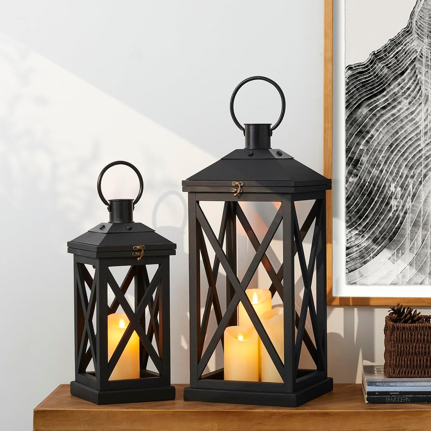 Glitzhome Modern Farmhouse Wooden Lantern Hanging Decorative Candle Lantern for Outdoor & Indoor Black Set of 2 (No Glass)