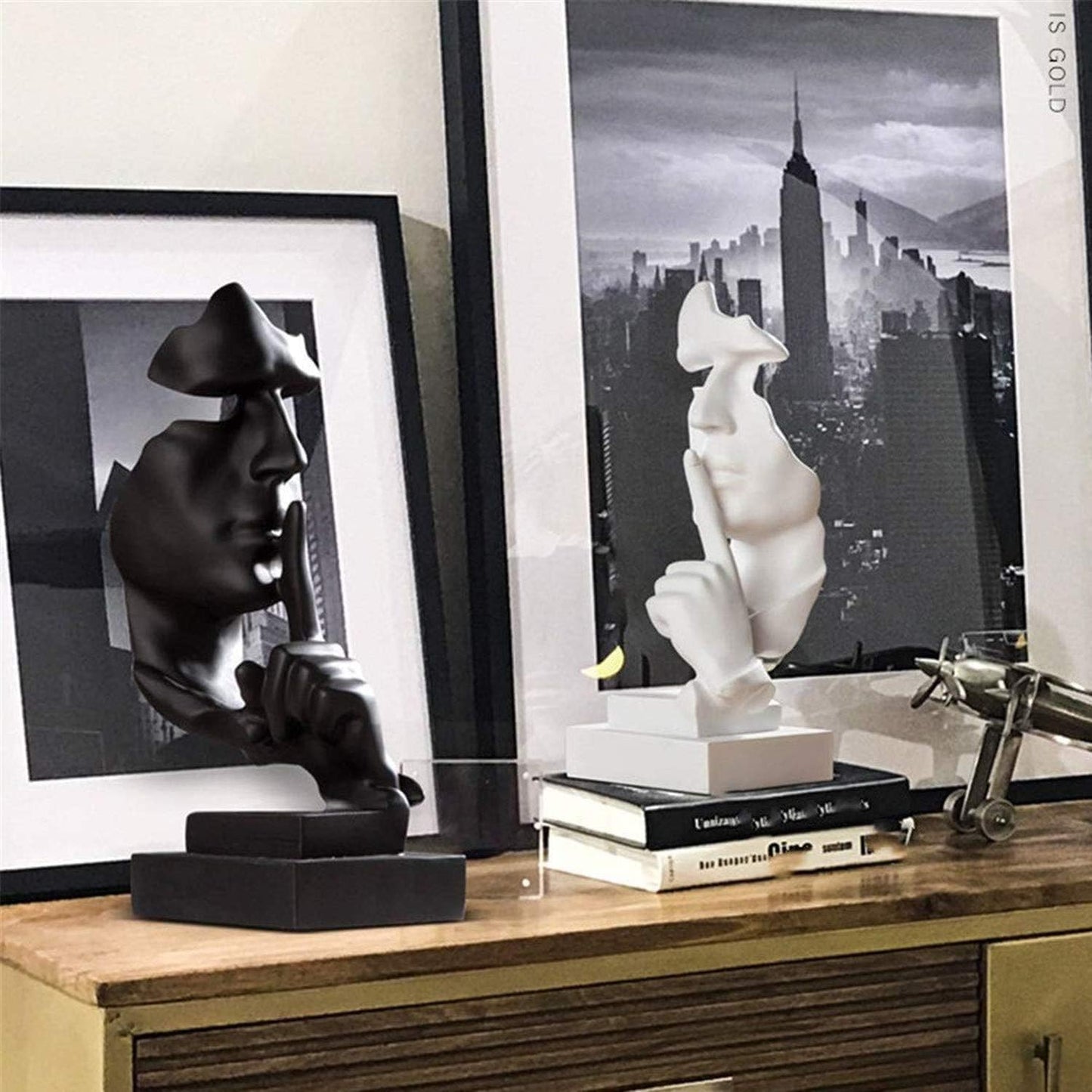 aboxoo Thinker Statue, Silence is Gold Abstract Art Figurine, Modern Home Resin Sculptures Decorative Objects Piano Desktop Decor for Creative Room Home, Office Study Decor (Black)