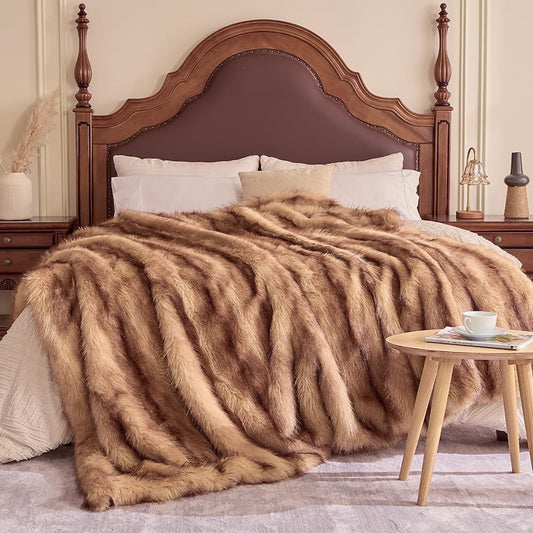 Fluffy Faux Fur Throw Blanket – Super Soft Warm Thick Plush Blanket for Bed, Couch & Office, Cozy Fuzzy Throw with Flannel Backing,108"x90", Brown