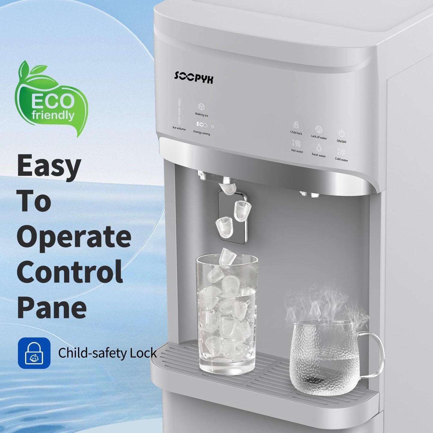 Self-Cleaning Bottom Load Water Cooler Dispenser with Ice Maker for 5 Gallon 3 Temperature Settings 22lbs Daily Capacity White