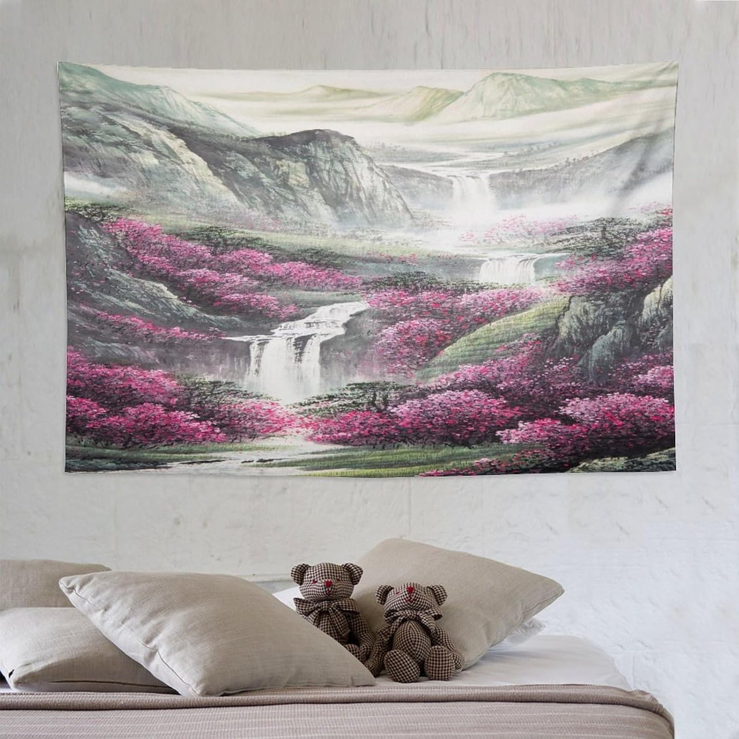 Japanese Tapestry, Red Plum Blossom Mountain Tapestry, Asian Japanese Wall Tapestry, Nature Landscape Tapestries for Bedroom Living Room Decor 90"x60"