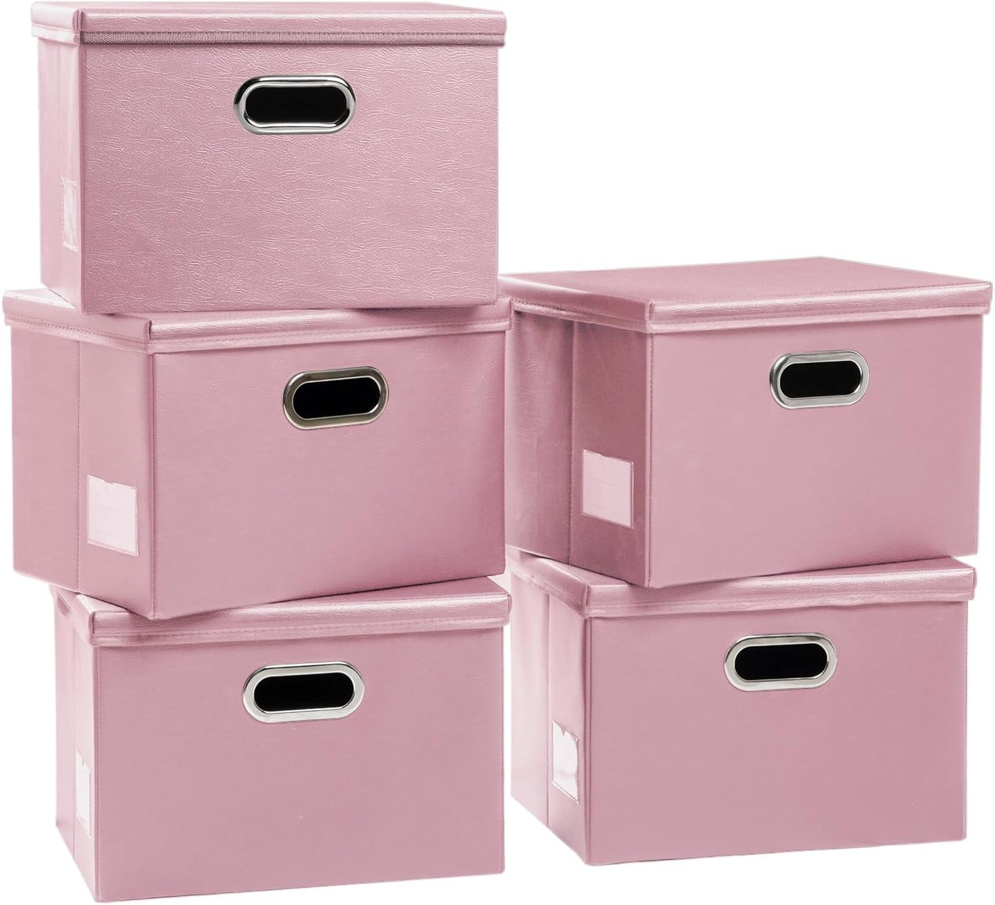PRANDOM Large Stackable Storage Bins with Lids [5-Pack] Leather Fabric Foldable Storage Boxes Organizer Containers Baskets Cube with Cover for Bedroom Closet Office Nursery Pink (17.7x11.8x11.8)