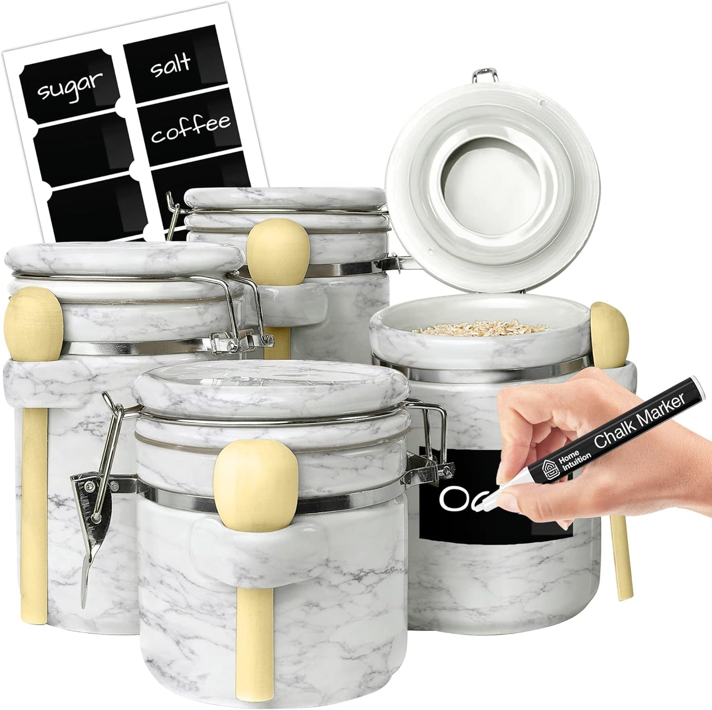 Home Intuition 4-Piece Ceramic Kitchen Canisters Set, Airtight Containers with Wooden Spoons Reusable Chalk Labels and Marker for Sugar, Coffee, Flour, Tea (White Marble)