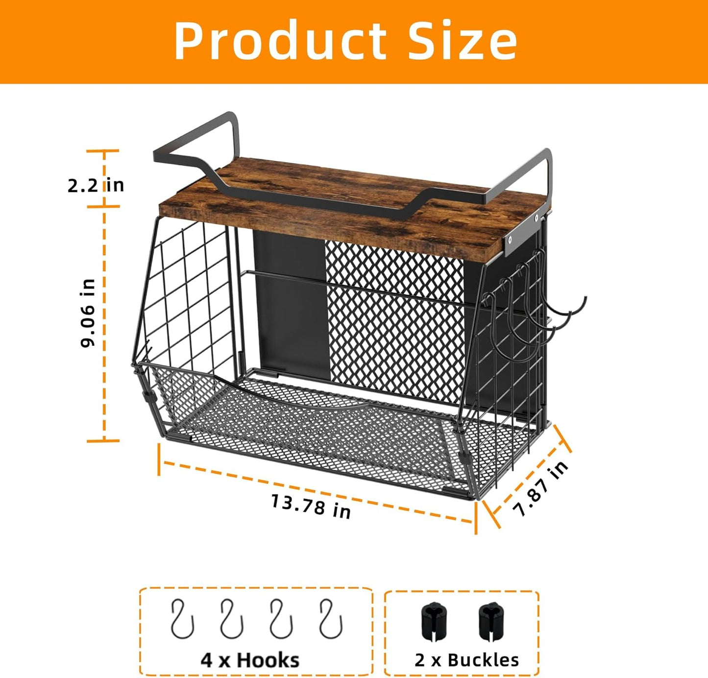 Magnetic Shelf for Fridge with Wood Lid, Magnetic Spice Rack for Refrigerator Large Capacity Sturdy with 4 Hooks,Magnetic Basket for Kitchen Pantry Laundry (1 Set with Buckles)