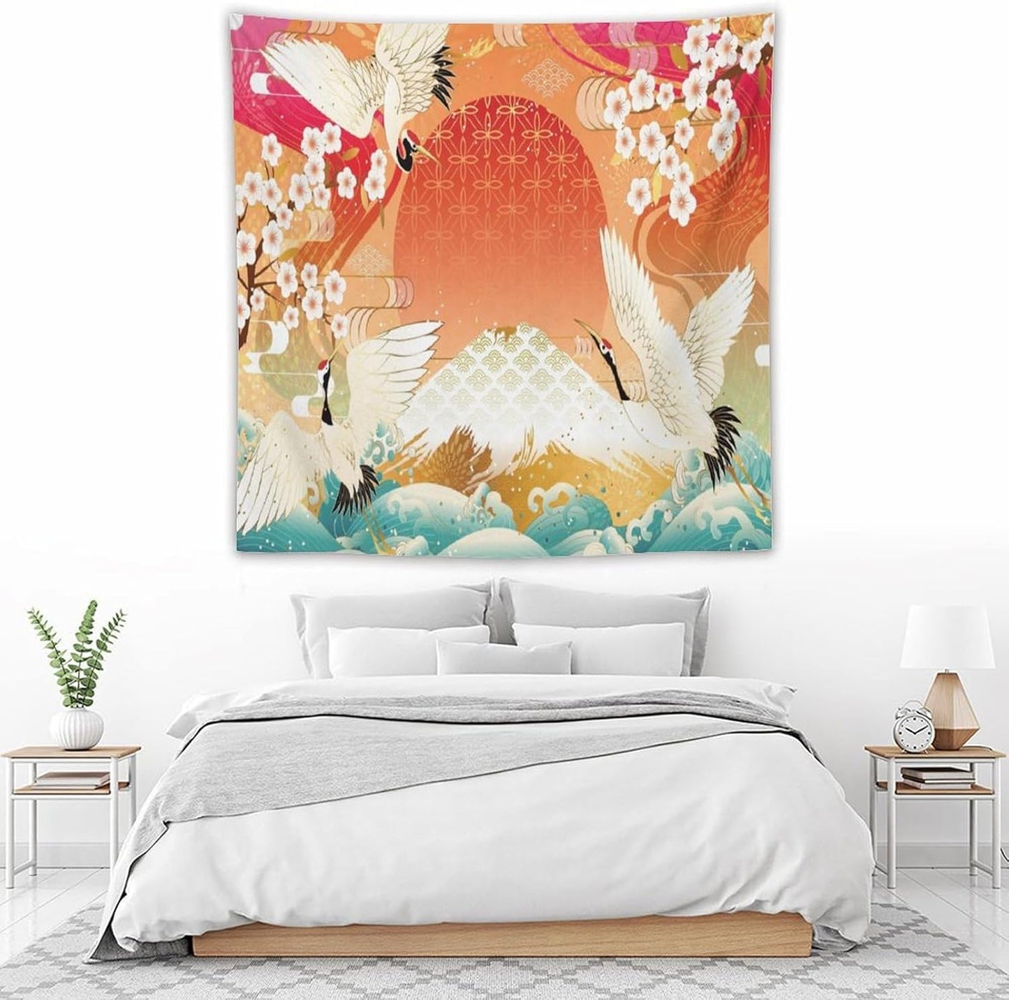 HZOHNAGO Japanese Tapestry Cherry Blossom Crane Sea Wave Fuji Mountain Red Sun Pattern Printed Wall Tapestry Painting Wall Hanging for Bedroom Living Room Dorm 60" W x 60" H