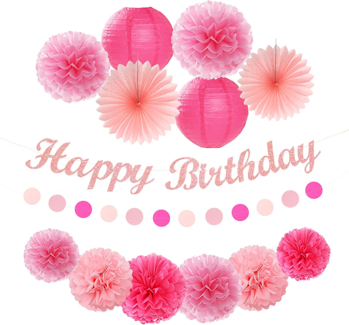 Hot Pink Birthday Party-Decorations Paper-Flowers - 14pcs Happy Banner Girl Lanterns Tissue Pom Poms,Women Streamers Garland Fans,21st 18th Princess Baby Sweet 16 Pretty Hanging Supplies Decor Hugfond