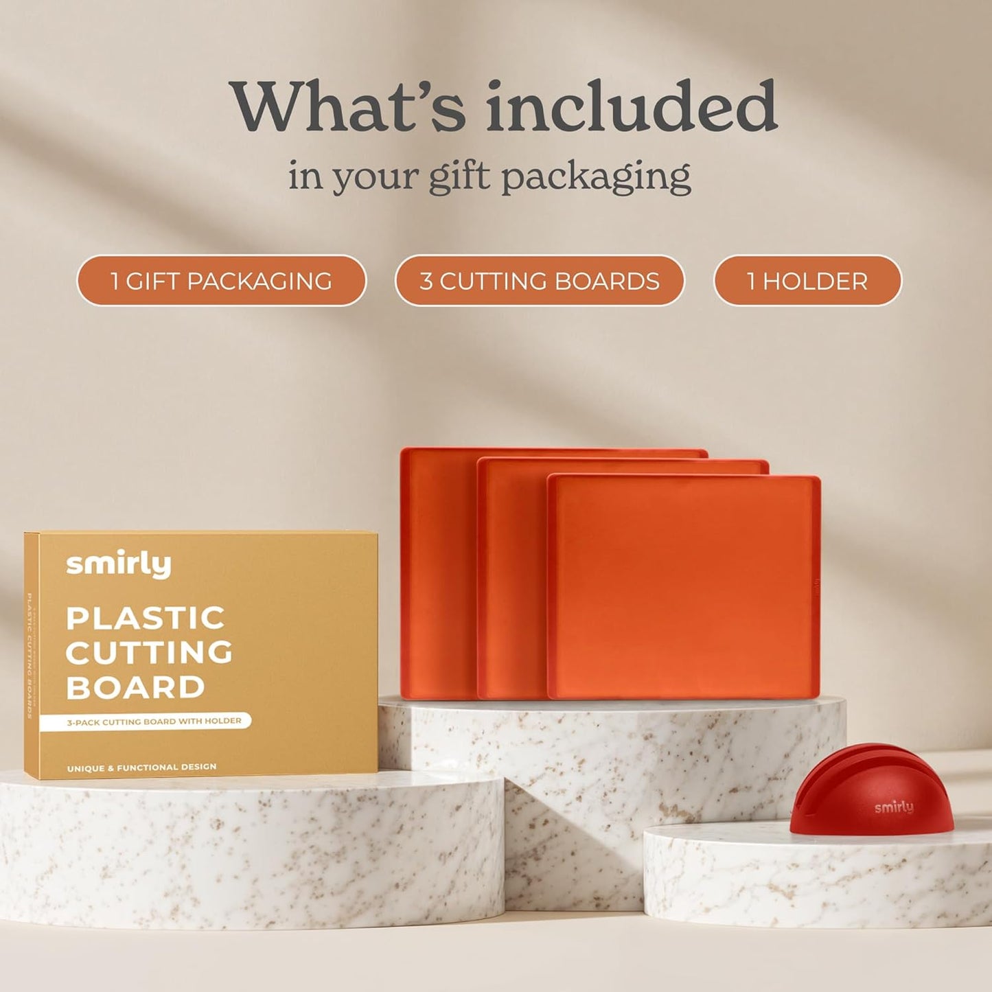 SMIRLY Plastic Cutting Board Set with Holder 3 Pieces, Non-Slip Dishwasher Safe Chopping Boards for Kitchen, Orange