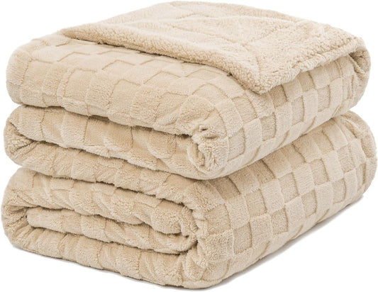 Pawque Super Soft Cozy Throw Blanket Queen Size for Couch Bed, Fluffy Sherpa Fleece Reversible Thick Warm Fuzzy Blanket for All-Season, 3D Checkered Jacquard Decorative Blankets, Khaki, 90"x90"