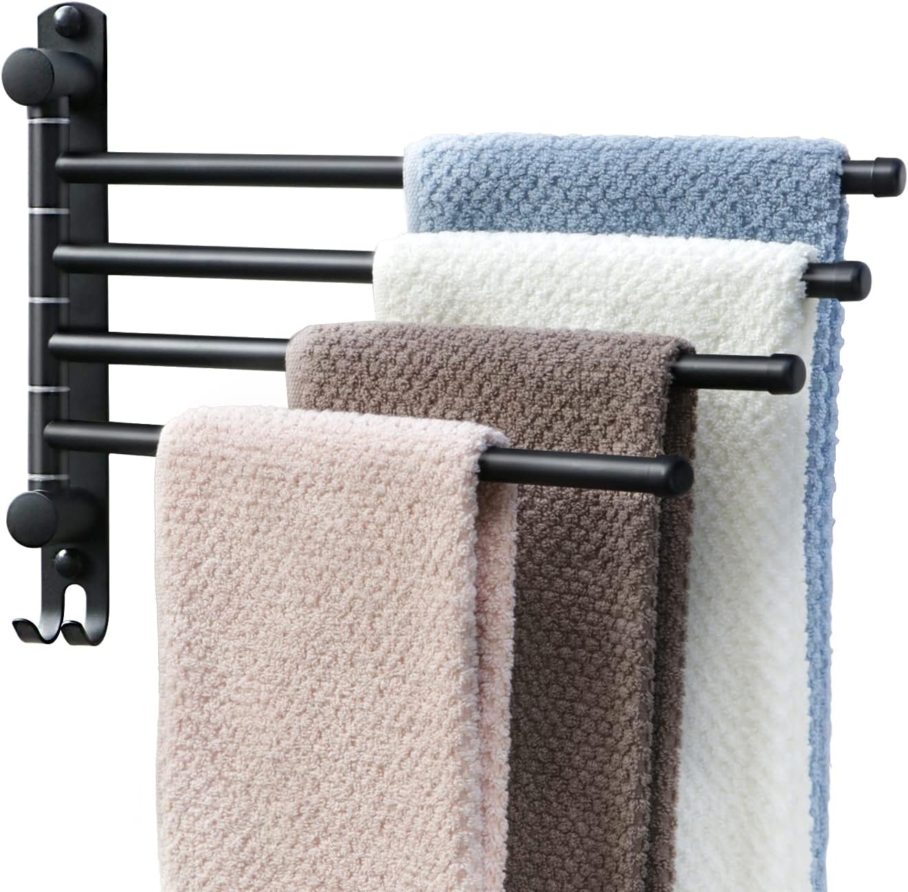 Black Towel Rack JSVER Swivel Towel Rack Wall Mounted, SUS304 Stainless Steel Towel Bar, 4 Arms Space Saving Towel Holder, Towel Racks for Bathroom