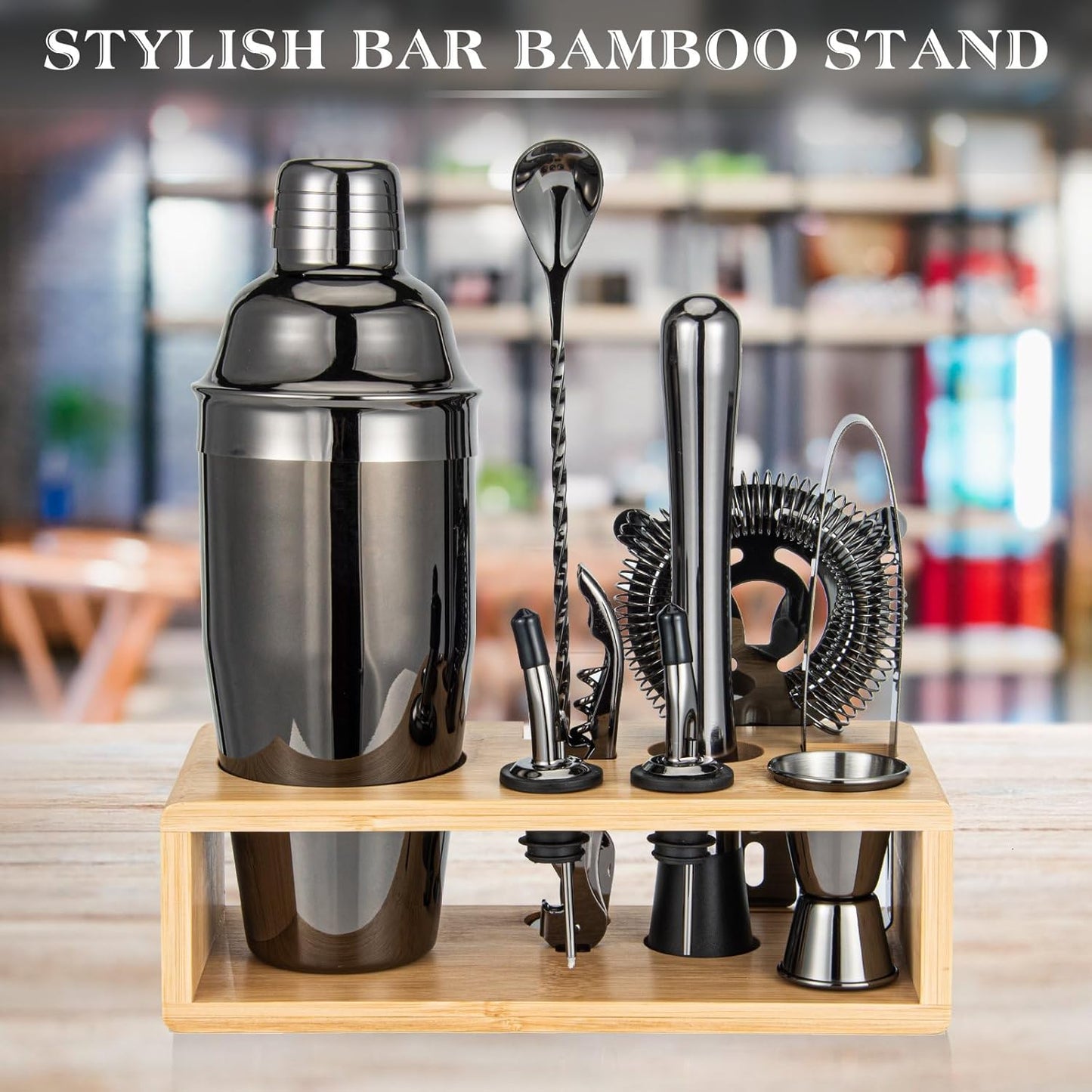 Cocktail Shaker Set, Mixology Bartender Kit 10-Piece Bar Tool Set with Stylish Bamboo Stand, Bar kit: Matini Shaker Mixing Spoon Muddler Jigger Cocksrew for Barware Set | Black