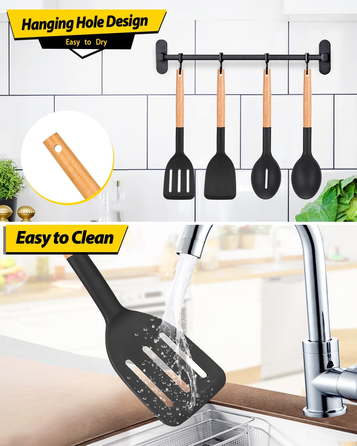 Pack of 4 Silicone Cooking Utensils Set, Non Stick Solid Spatulas and Heat Resistant Slotted Spoons with Wooden Handle, Ideal Wood Kitchen Utensils Set for Frying,Serving,Turning,Stirring (BLACK)