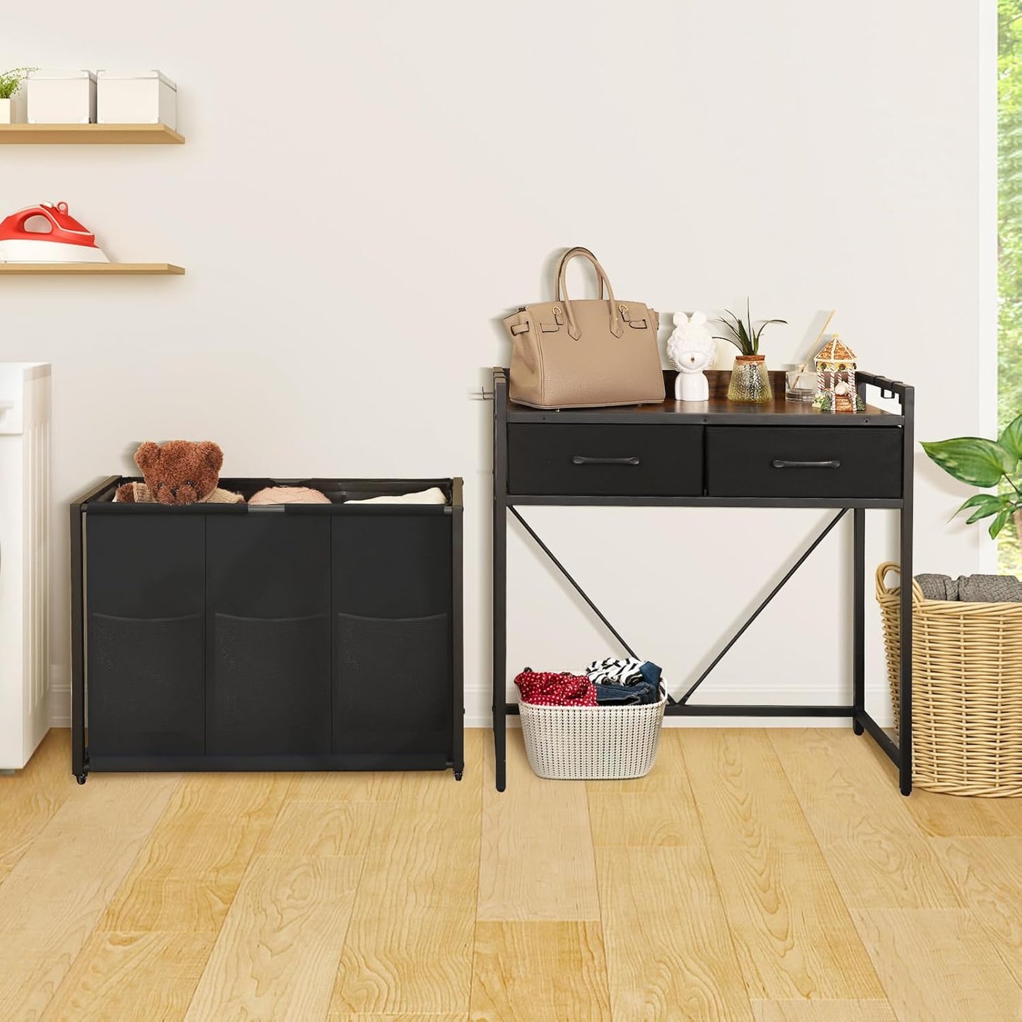 Rolling Laundry Sorter with wheels, Laundry Hamper 3 Section with shelf - 3 × 10.5 Gal (120L) Capacity, Laundry Basket with Drawers for Clothes-1 Storage Shelf, Laundry Organizer for Laundry Room