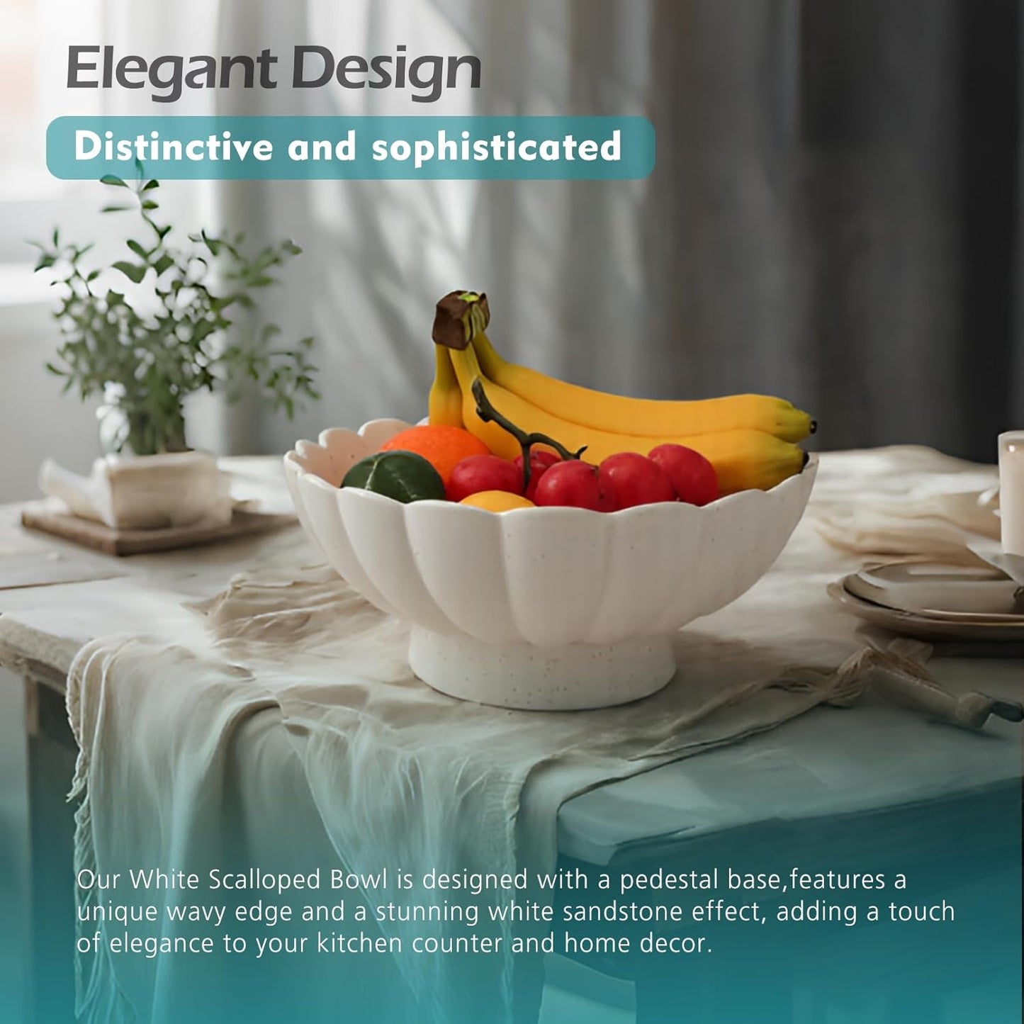 Large Fruit Bowl for Kitchen Counter-10.6" White Ceramic Fluted Scalloped Decorative Footed Bowl -Elegant Pedestal Display Bowls for Entryway Table, Perfect for Housewarming &Wedding Gift