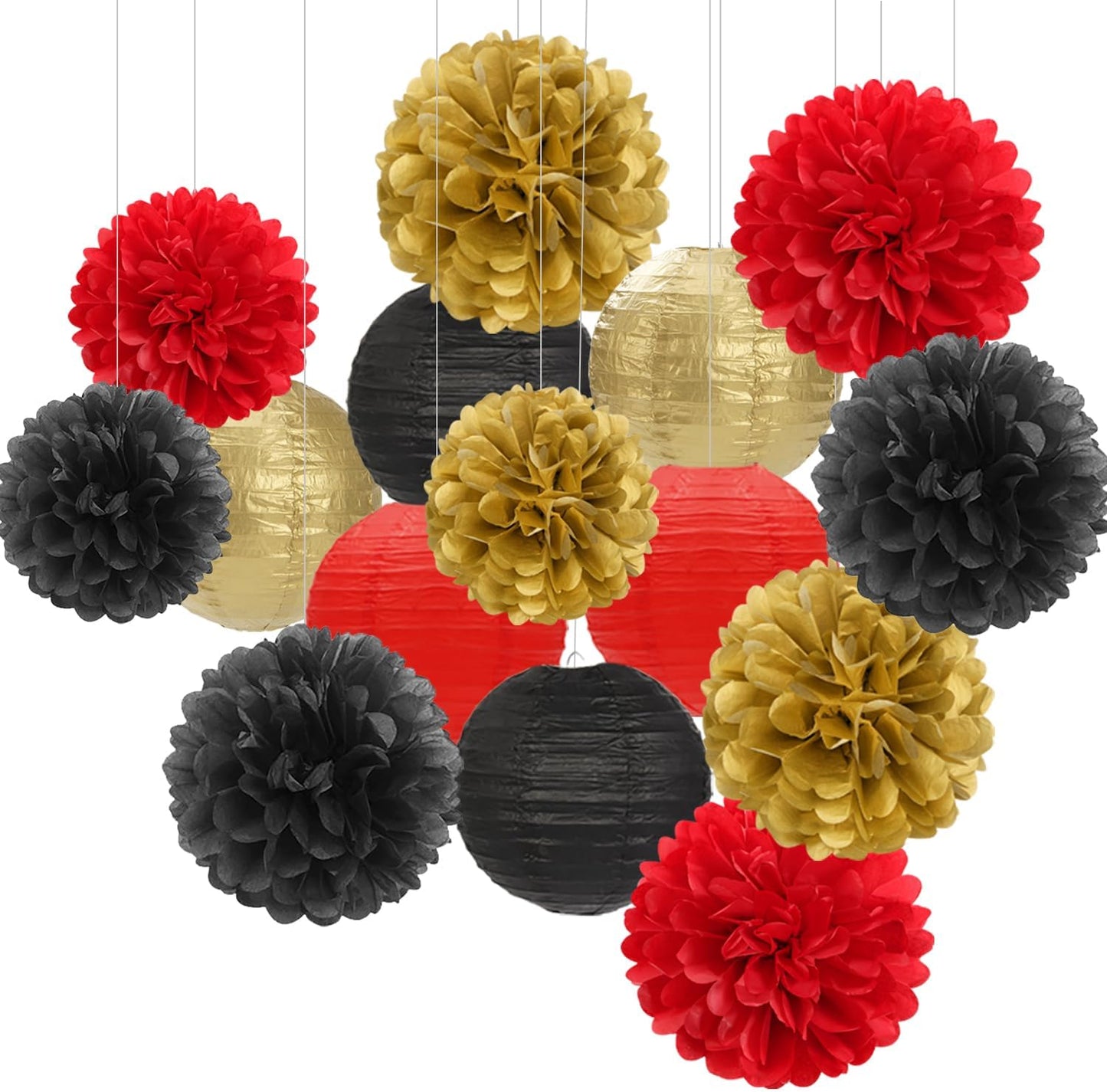 Red-Black Gold Party-Decorations Paper Flowers Lanterns - 15PCS Casino Theme Halloween Tissue Pom Poms Streamers,Game Night Women Men Birthday Wedding Bachelorette Hanging Supplies Decor Hugfond