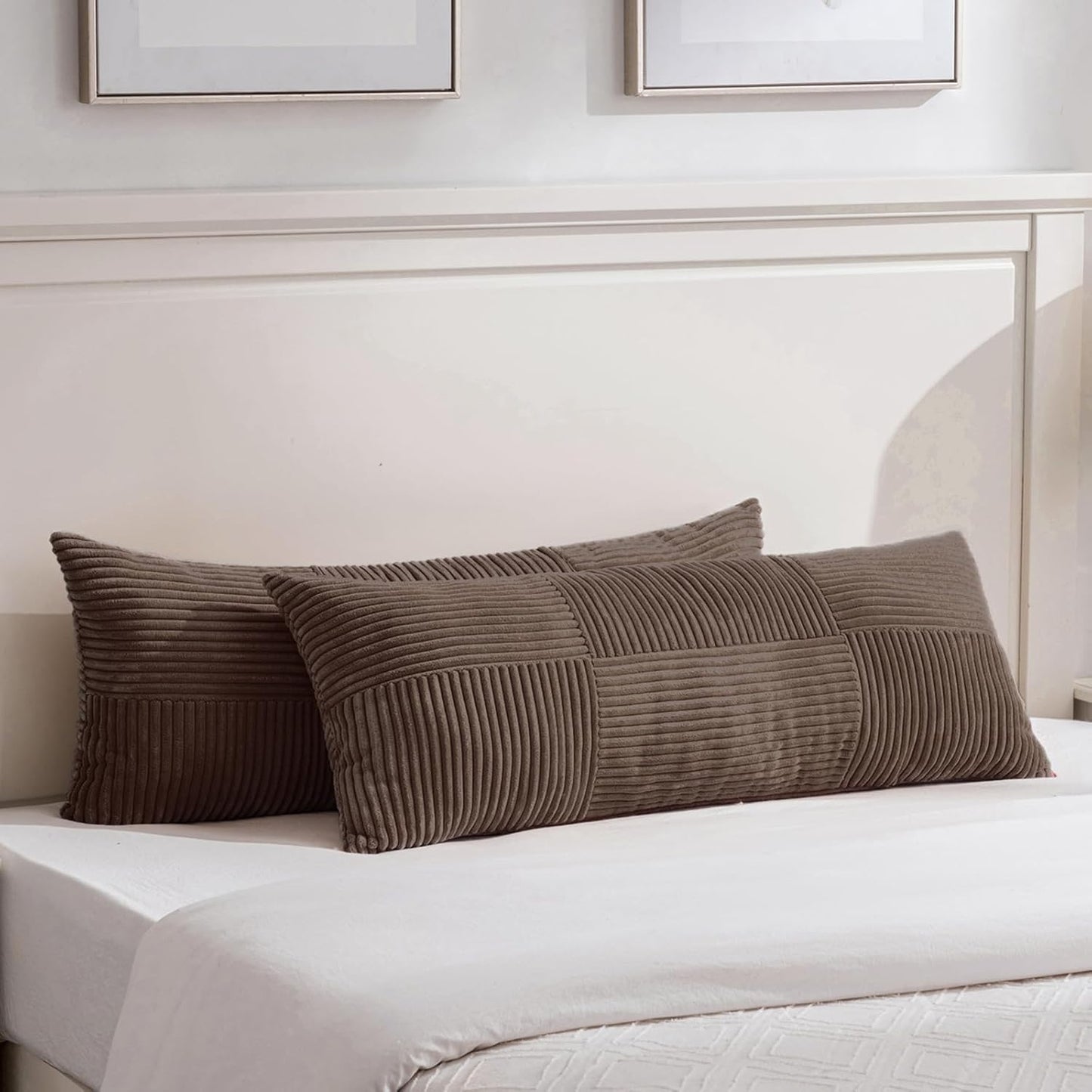 Fancy Homi Set of 2 Dark Brown Boho Long Lumbar Body Decorative Throw Pillow Cover 14x36 Inch for Bed Couch Bedroom Bench, Soft Patchwork Corduroy Textured Pillow Case, Rustic Farmhouse Room Décor