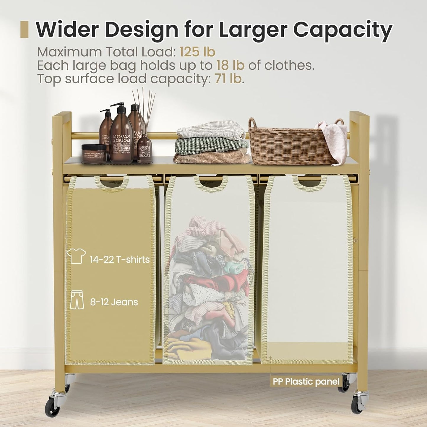 Laundry Hamper, Laundry Basket, Laundry Sorter with 3 Removable Bags, Clothes Basket with 3 Compartments, Wheels, Shelf for Laundry Room Bathroom Bedroom (3 Bags-Golden)