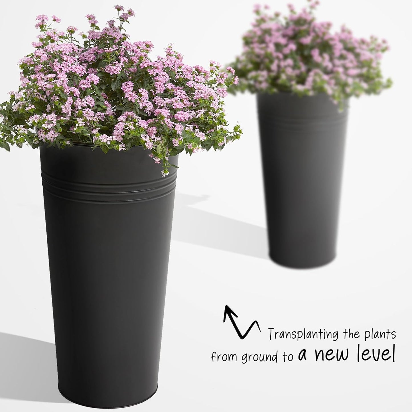 KOL 28'' Tall Galvanized Steel Planter Pot - Flower Pot with Water Level Indicator for Plants - 2-Pack Self Watering Planters - Round Black Powder Metal Planter Box - Indoor Outdoor Grande Plant