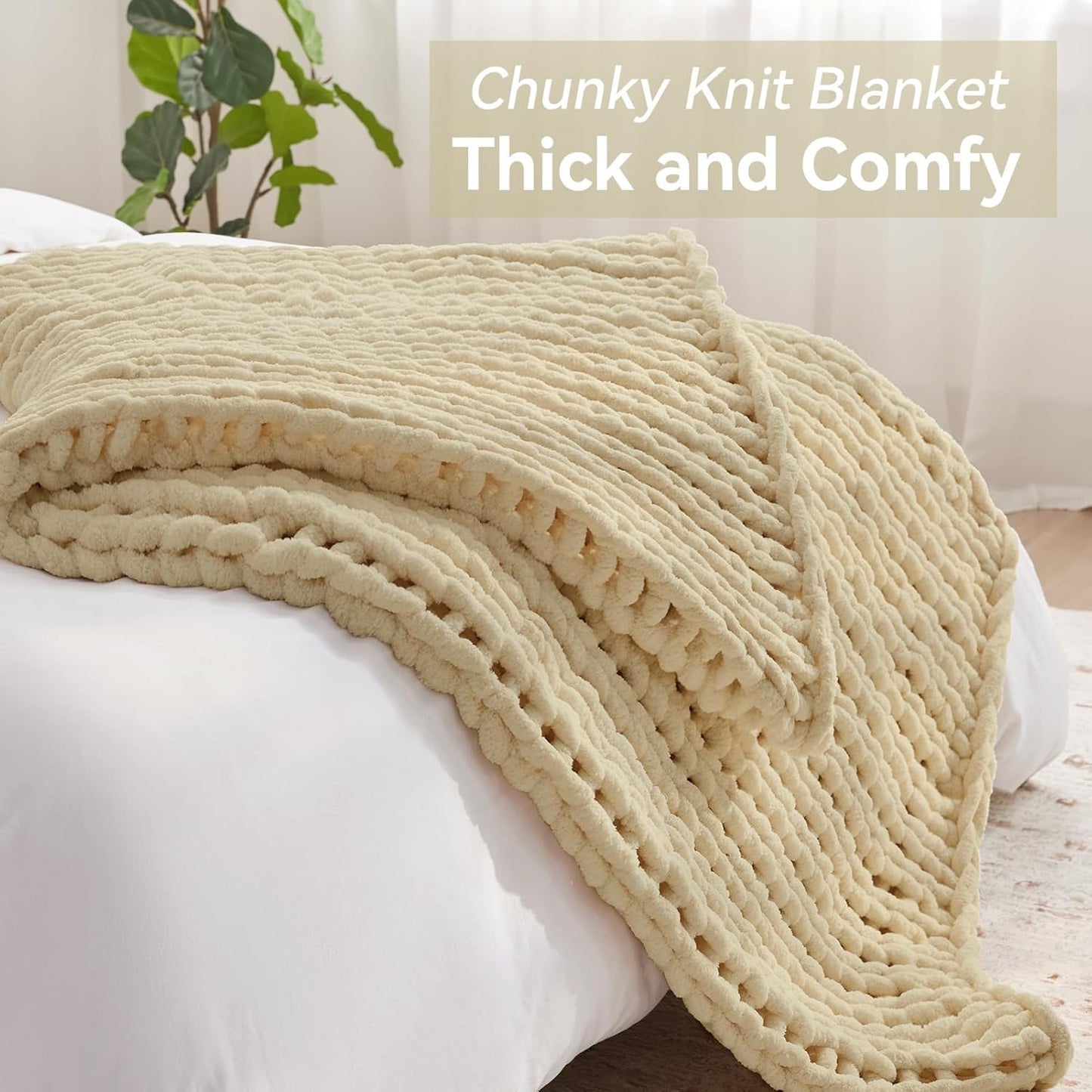 Chunky Knit Throw Blanket, 40''*50'' Knitted Throw Chenille Yarn for Bed Couch, Handmade Oatmeal Crochet Big Thick Blanket, Machine Washable Cute Comfy Blanket for Home Decor
