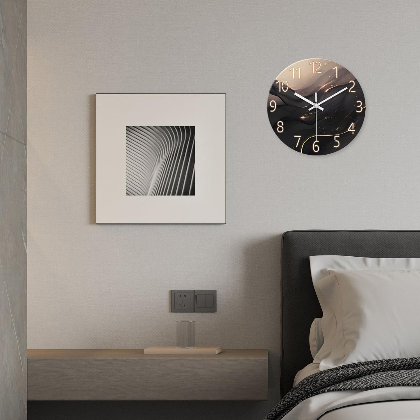 Large Wall Clocks Battery Operated 16 Inch Marble Glass Wall Clock for Living Room Black and Glod Wall Clock Silent Non Ticking