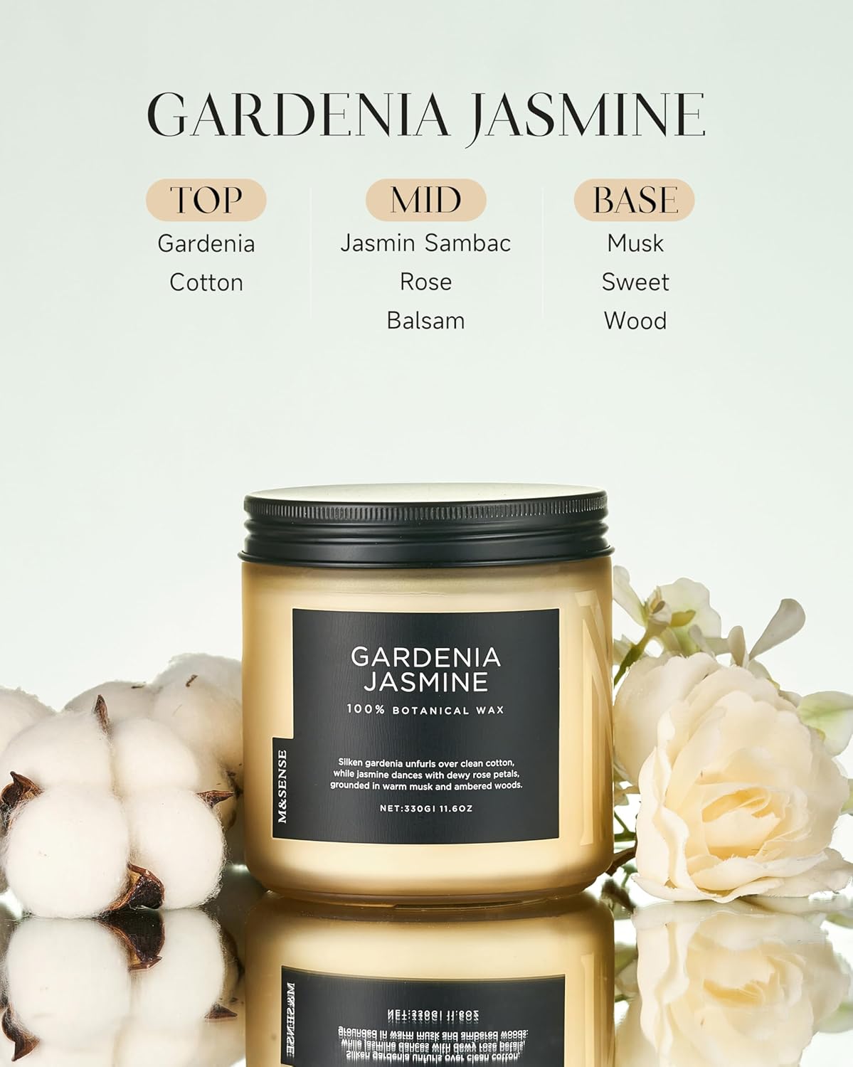 M&SENSE Gardenia Jasmine Scented Candle - 11.6oz Natural Soy Wax Clean Non Toxic 70-Hour Burn, 2-Wick Aromatherapy Candle for Bath & Office - Highly Scented Housewarming Gift for Mom Teacher Friends
