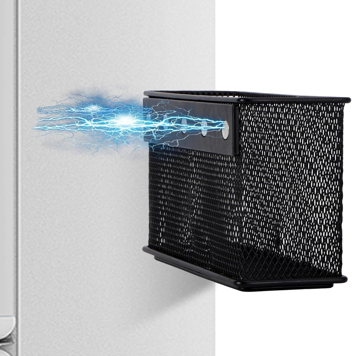 Wire Mesh Storage Baskets Organizer Set of 2 Black Magnetic Basket with 5 Strong Magnets Magnetic Organizer Holder for Refrigerator Locker Whiteboard Office, 6.29'' × 2.28'' × 3.54''