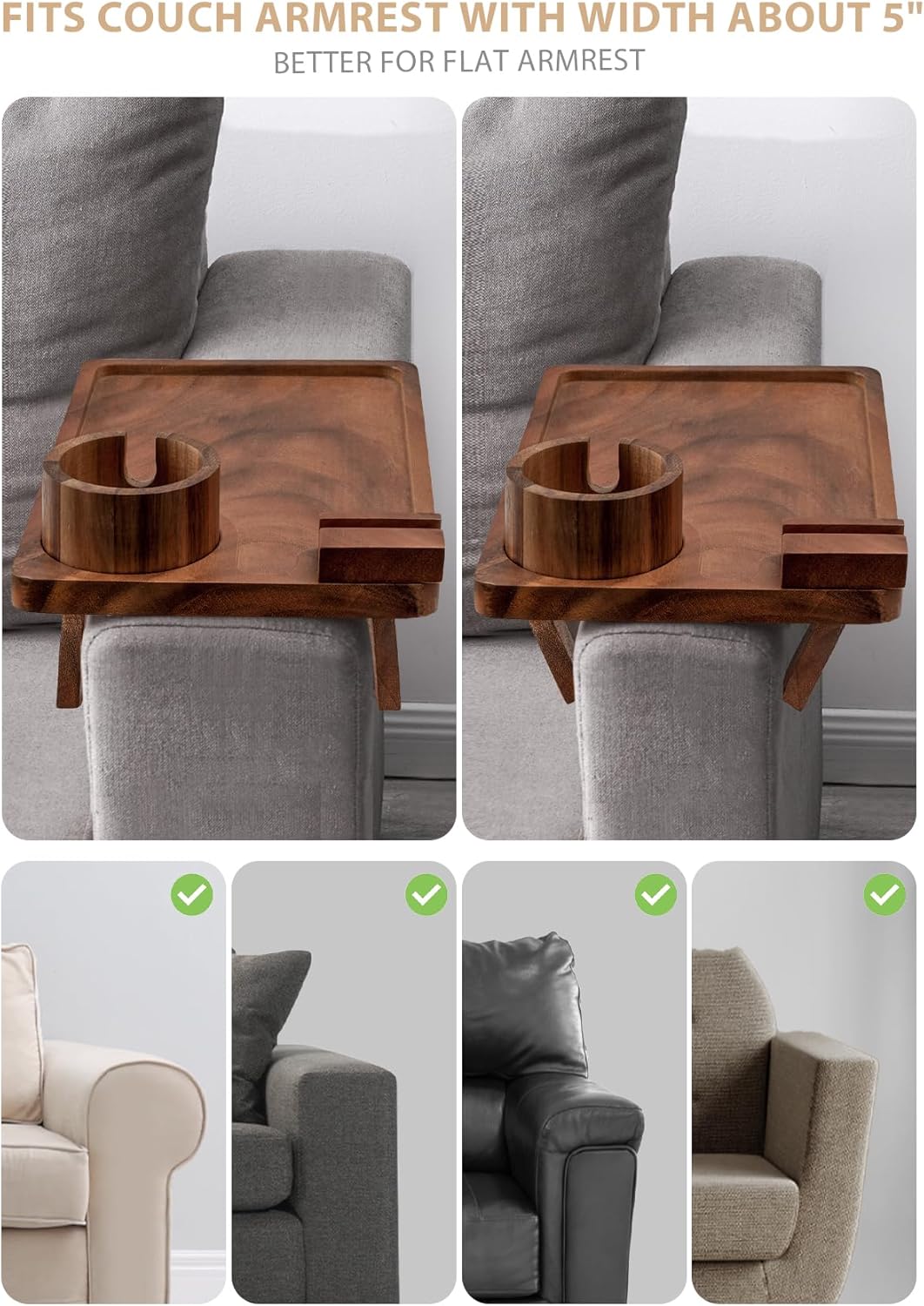 Sofa Arm Tray, Acacia Wood Couch Cup Holder, Portable Large Sofa Armrest Tray Anti-Spill Beverage Snack Remote Holder