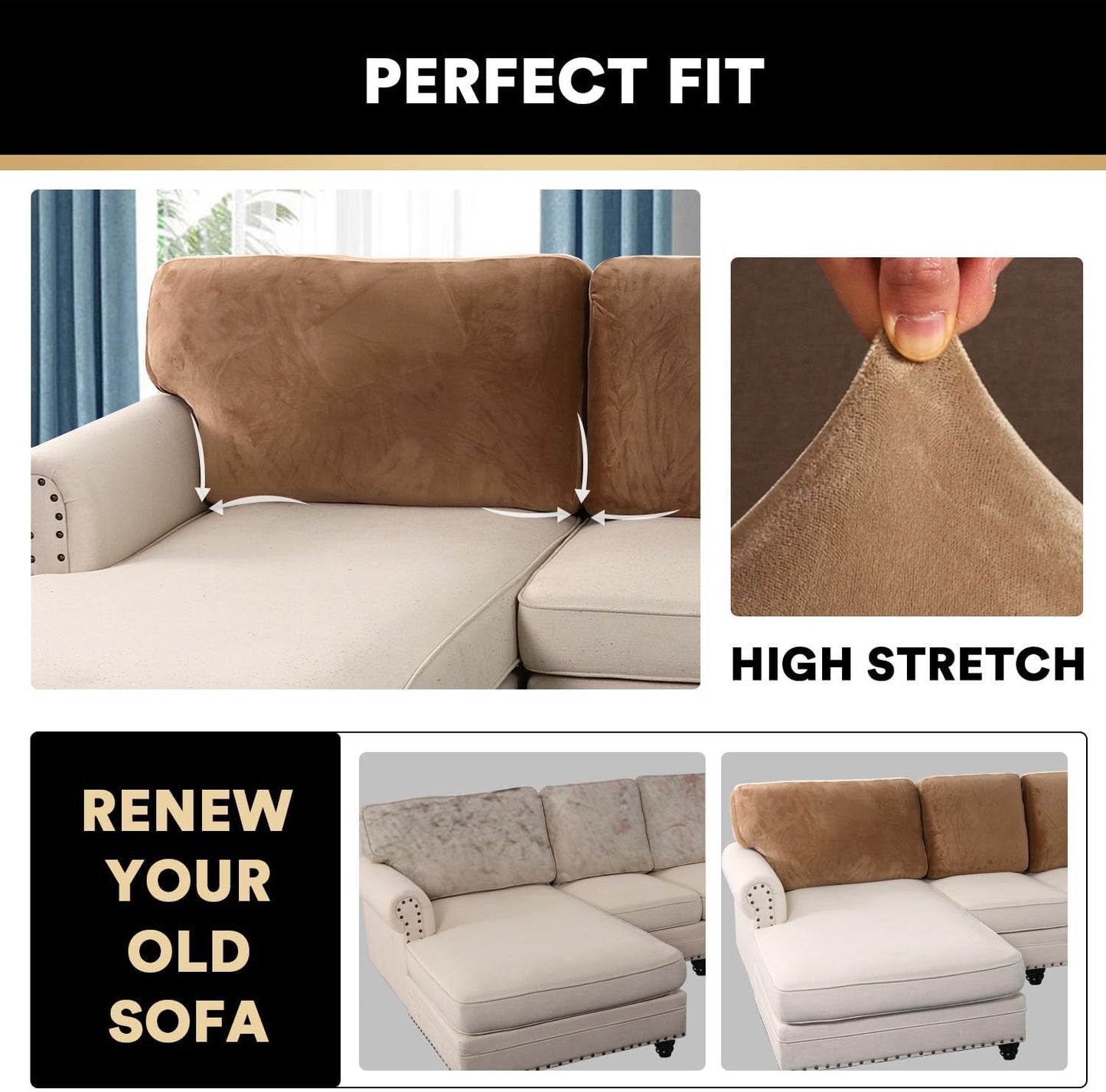 PrinceDeco Sectional Couch Covers Velvet Cushion Covers for Sectional Couch Cushion Covers for Sectional Sofa Separate Sectional Sofa Slipcovers Washable(1 Chaise Back+ 2 Sofa Back,Navy)