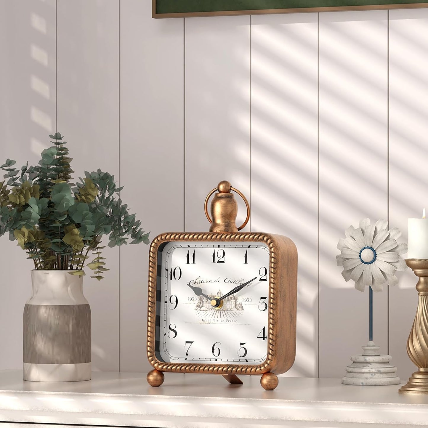 Vintage Gold Table Clock on Stand, Desk and Shelf Decor Clock, French Rustic Style Non-Ticking Mantel Clocks for Farmhouse, Living Room, Bedroom, Bedside, Gift (8.5" H x 5.5" W)