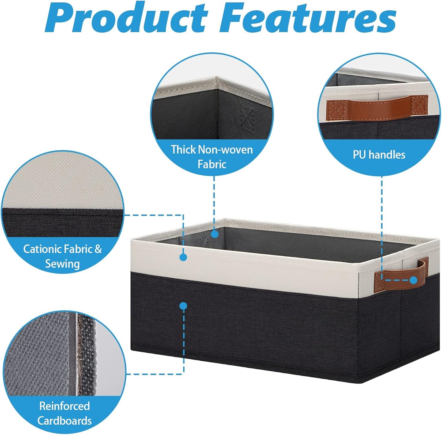 GhvyenntteS Storage Baskets for Organizing, Fabric Storage Bins with Leather H&les, Foldable Rectangular Storage Baskets for Shelves, Closets, Home, Office(Black/White, 6 Pack)11.8X7.9X5.1 in