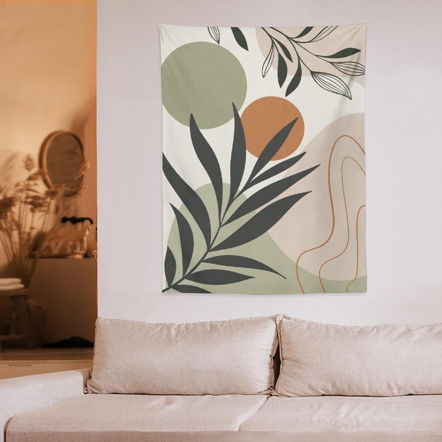 Abstract Bohemian Mid Century Tapestry, Tropical Leaves Modern Geometric Archway Minimalist Bohemian Botanical Aesthetic Wall Hanging, Sage Green Gold Home Decor Art for Bedroom 60x80 Inch
