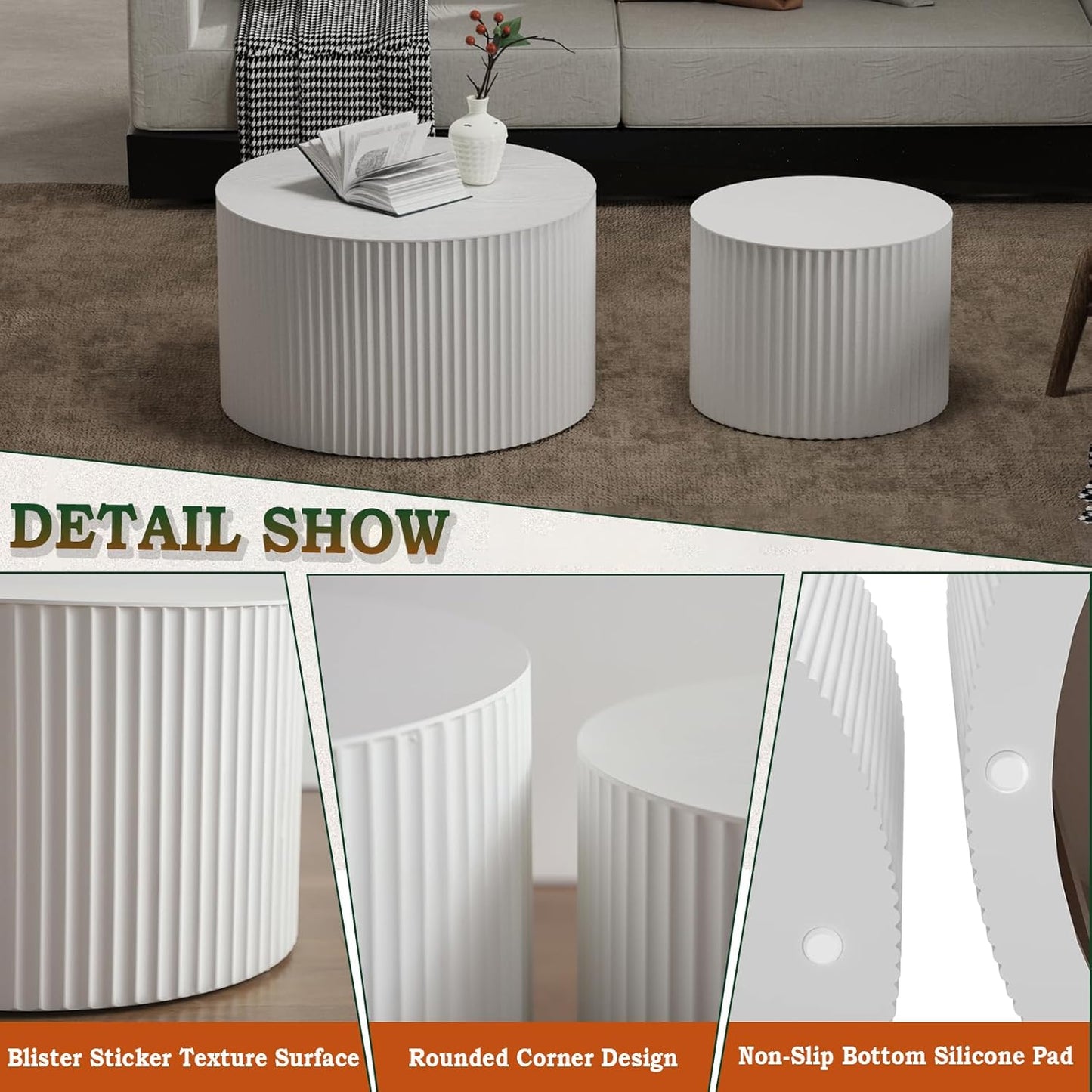 Round Nesting Coffee Table Modern Fluted Coffee Table Set of 2 Circle Drum Coffee Tables Small Round Accent Side End Table for Living Room No Assembly (White A 27in)