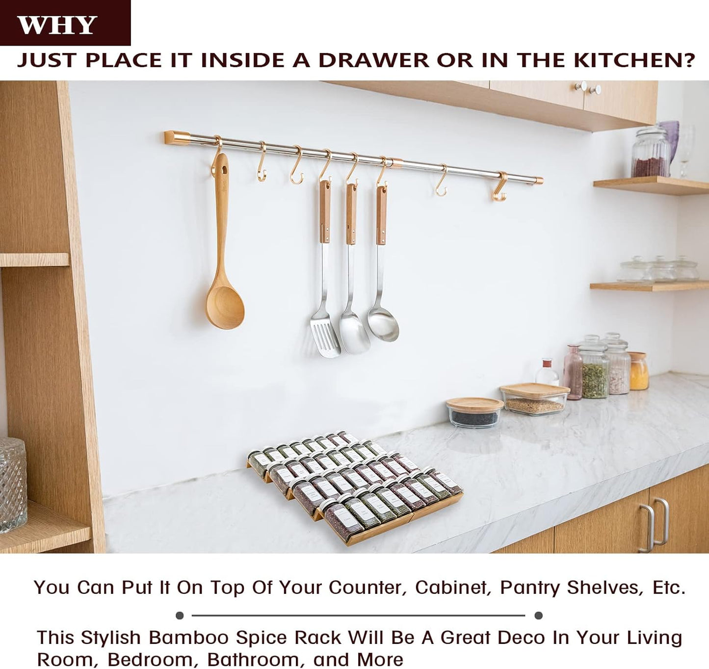 Bamboo Spice Rack Drawer Organizer - 8 Pieces Set- 7" Wide Per Piece - Combine Pieces Into 14" Wide Rack (7" or 14")