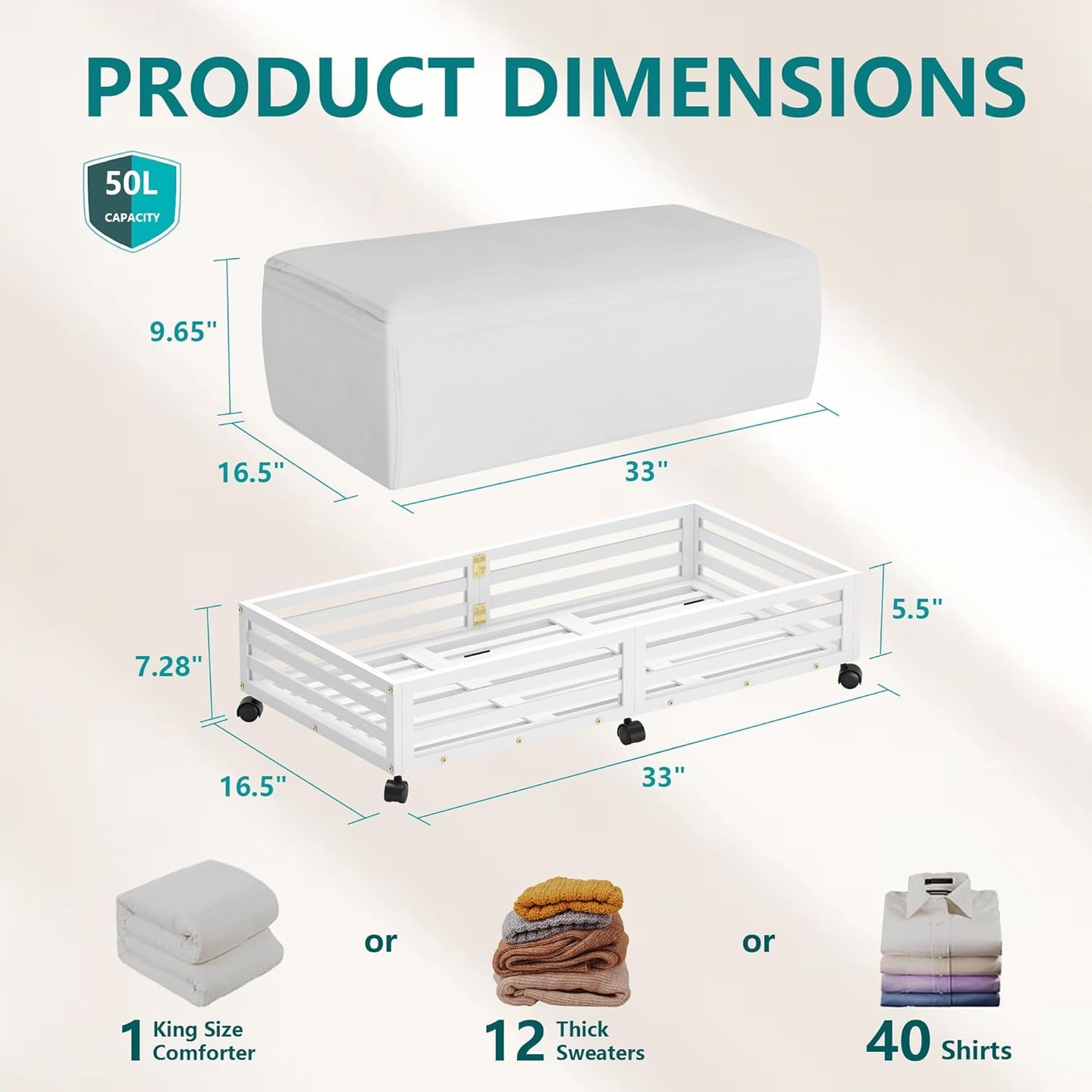 Bamboo Under Bed Storage Containers- Underbed Organizer with Wheels with Large Dust Bag,Sturdy Wood Rolling Under the Bed Shoe Storage Organizer Drawer 2 Packs (White, Long)