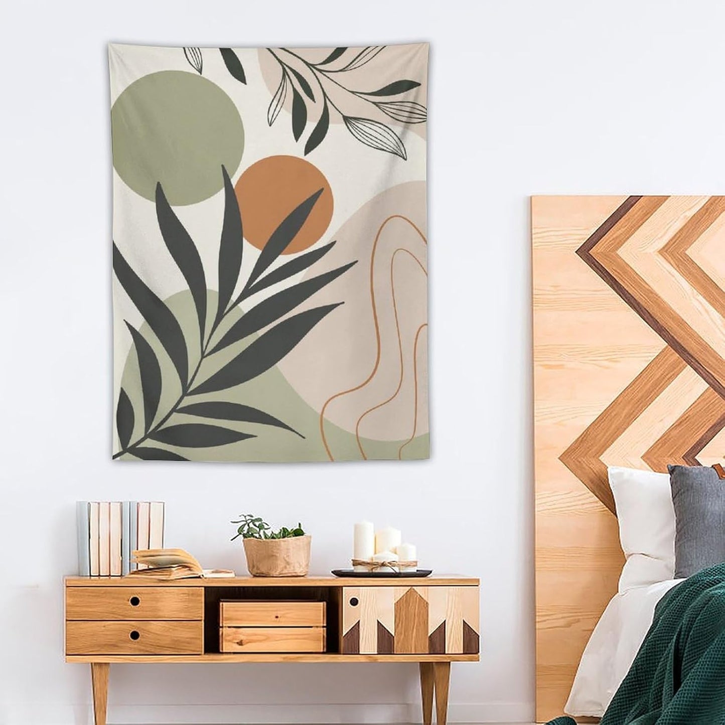 Abstract Bohemian Mid Century Tapestry, Tropical Leaves Modern Geometric Archway Minimalist Bohemian Botanical Aesthetic Wall Hanging, Sage Green Gold Home Decor Art for Bedroom 60x80 Inch