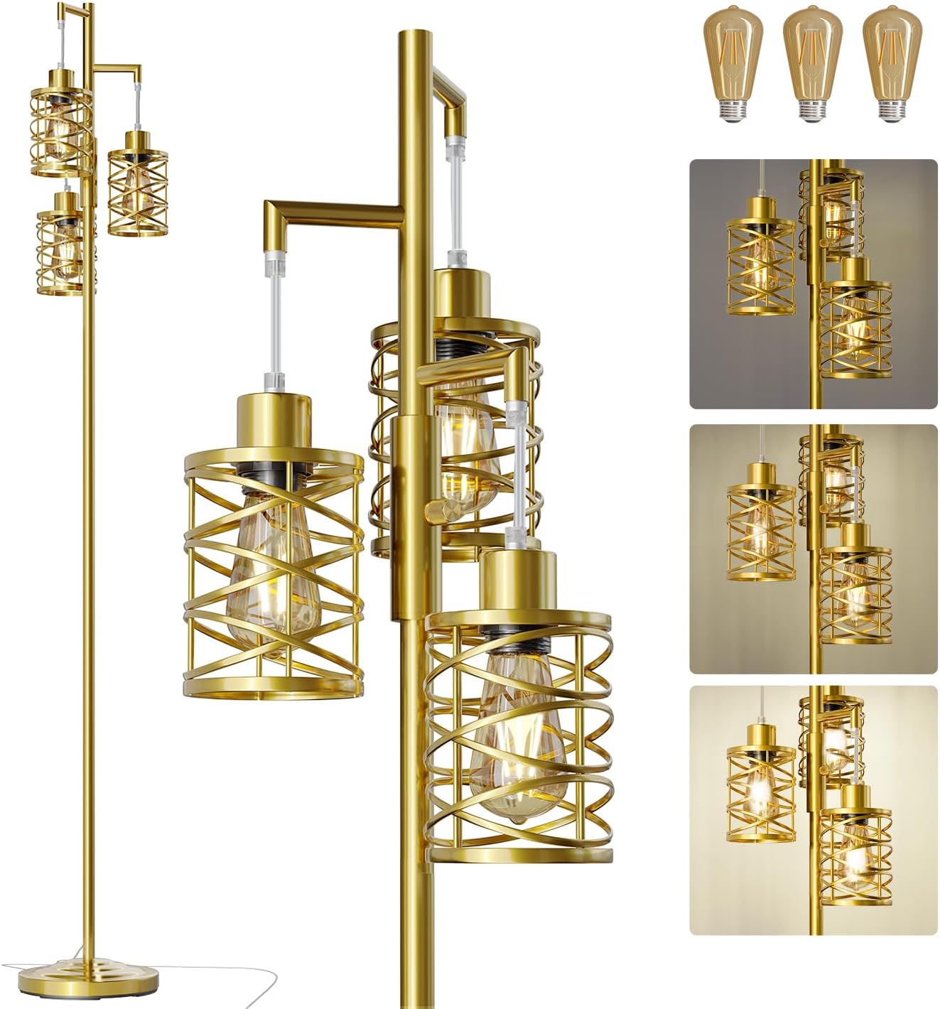 Oneach 70" Industrial Floor Lamp, Stepless Dimmable Standing Lamp with 3 Bulbs, Farmhouse Corner Standing Tree Lamp for Living Room, Tall Lamps for Bedroom, Office, Study Room, Dining Room, Gold