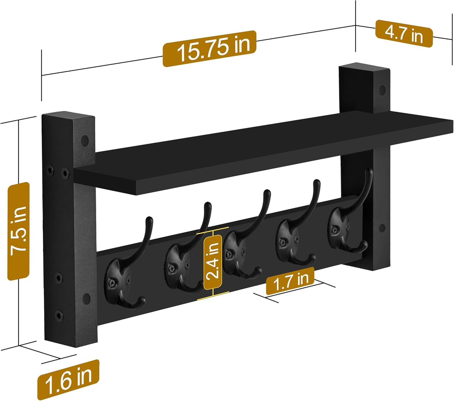Sorbus Coat Hooks Wall Mount with Shelf – 16 Inch Coat Rack Wall Mount with 5 Heavy Duty Hooks – Floating Wall Shelf with Hooks for Entryway, Bathroom, Bedroom, Kitchen, or Mudroom (Black)