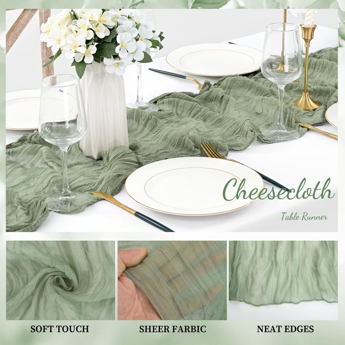 6 Pack Sage Green Cheesecloth Table Runner 10FT Rustic Gauze Fabric Cheese Cloth Table Runner for Wedding Bridal Baby Shower Table Decor 20 x 120 Inch Long Boho Sheer Birthday Party Table Decorations