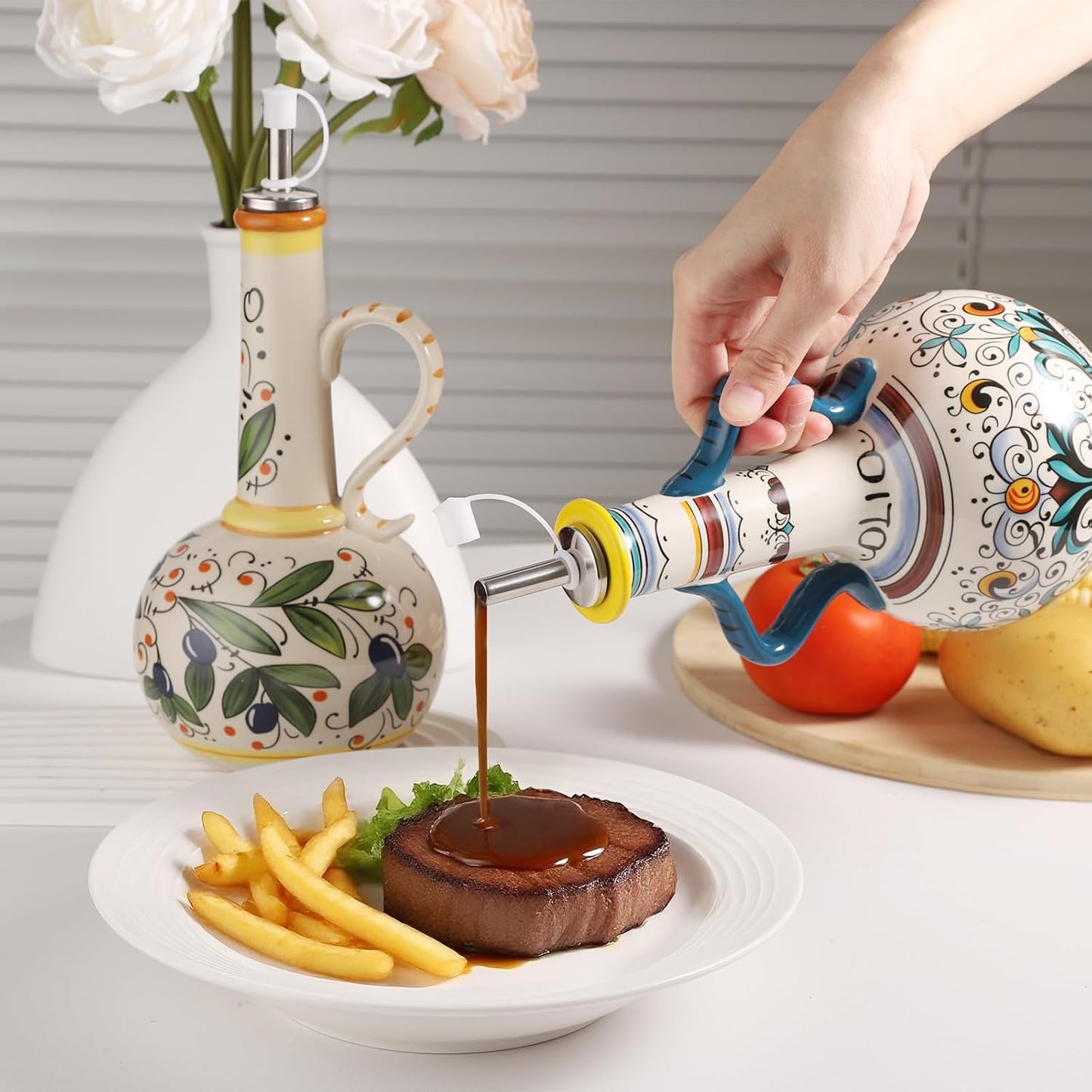 Ceramic Olive Oil Dispenser Bottle 23oz with Handles, Hand Painted Multi-Use Oil Cruet & Flower Vase, Decorative Stoneware Kitchen Cruet with Stainless Steel Spout for Oils, Sauces, Vinegar (A)